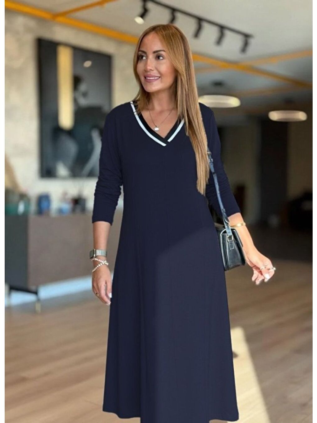 Lacivert Kadın Uzun Kollu V Yakalı Midi çağla Yeşili Modal Elbise