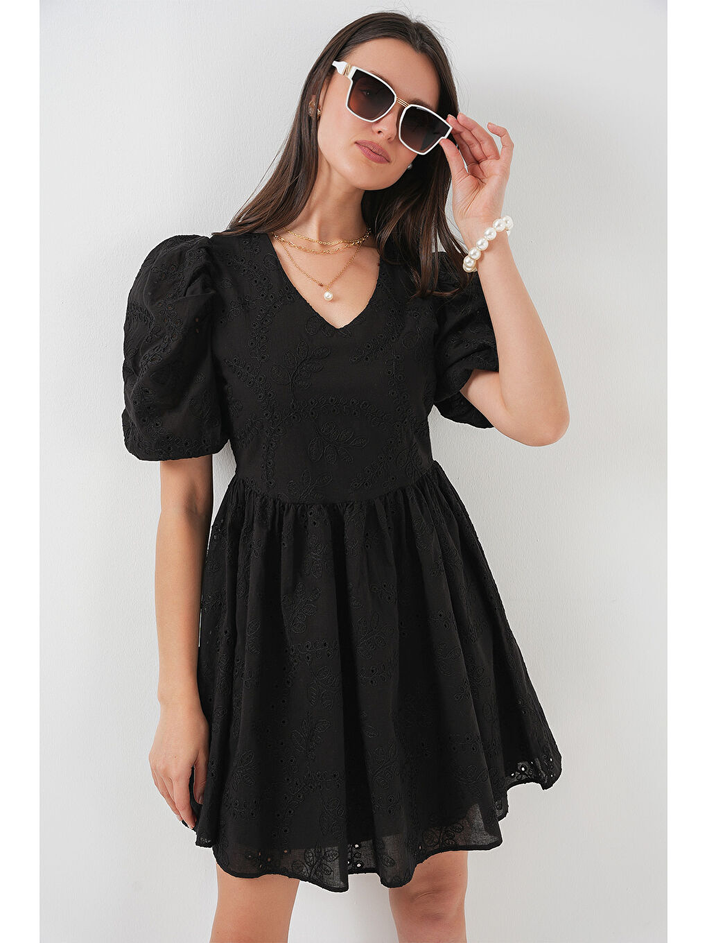 2529 Fistolu Kısa Elbise - Siyah-3