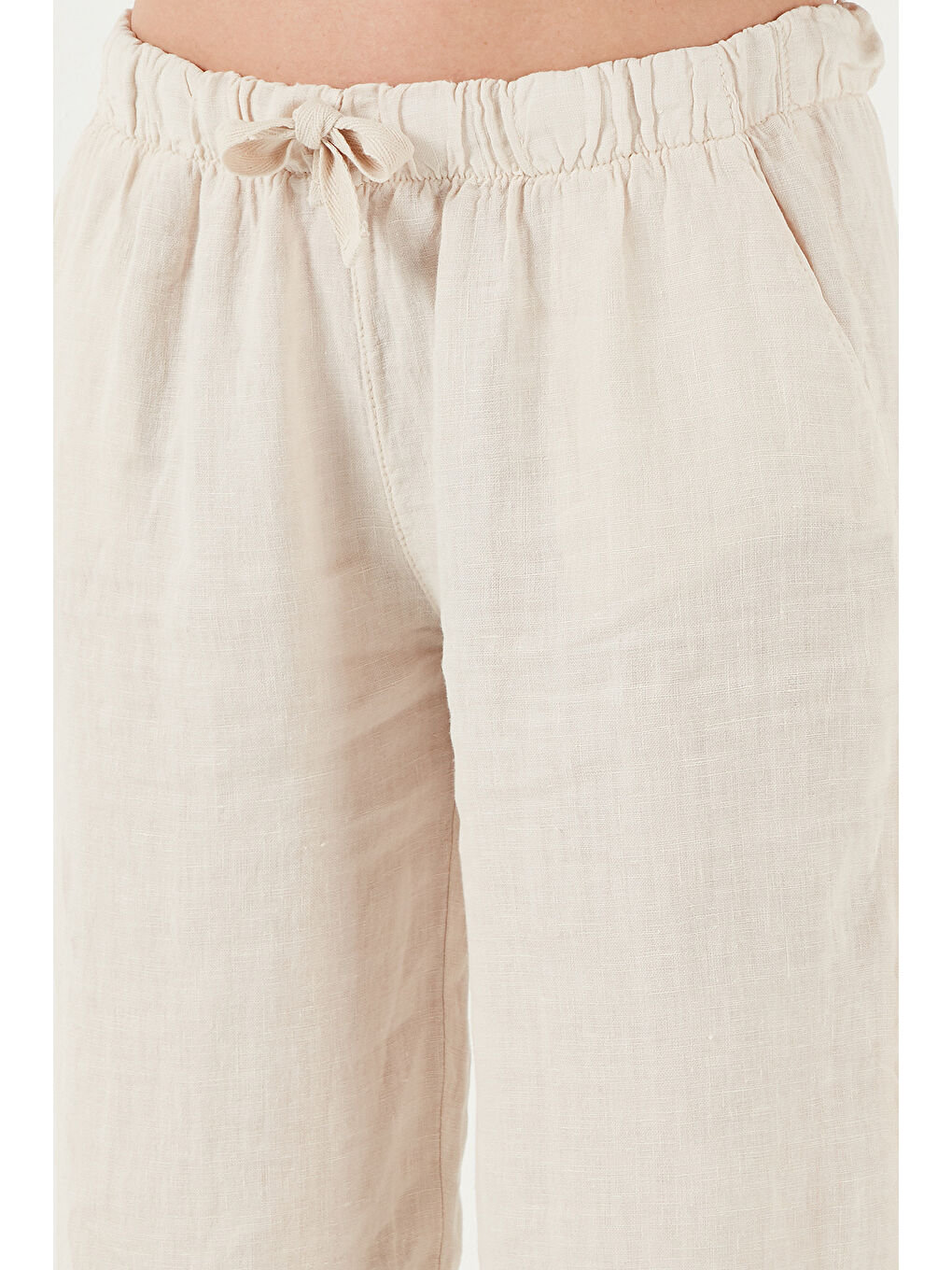 Bej Relaxed Fit Normal Bel Geniş Paça Çift Cepli Keten Pantolon 668Yp4991-5