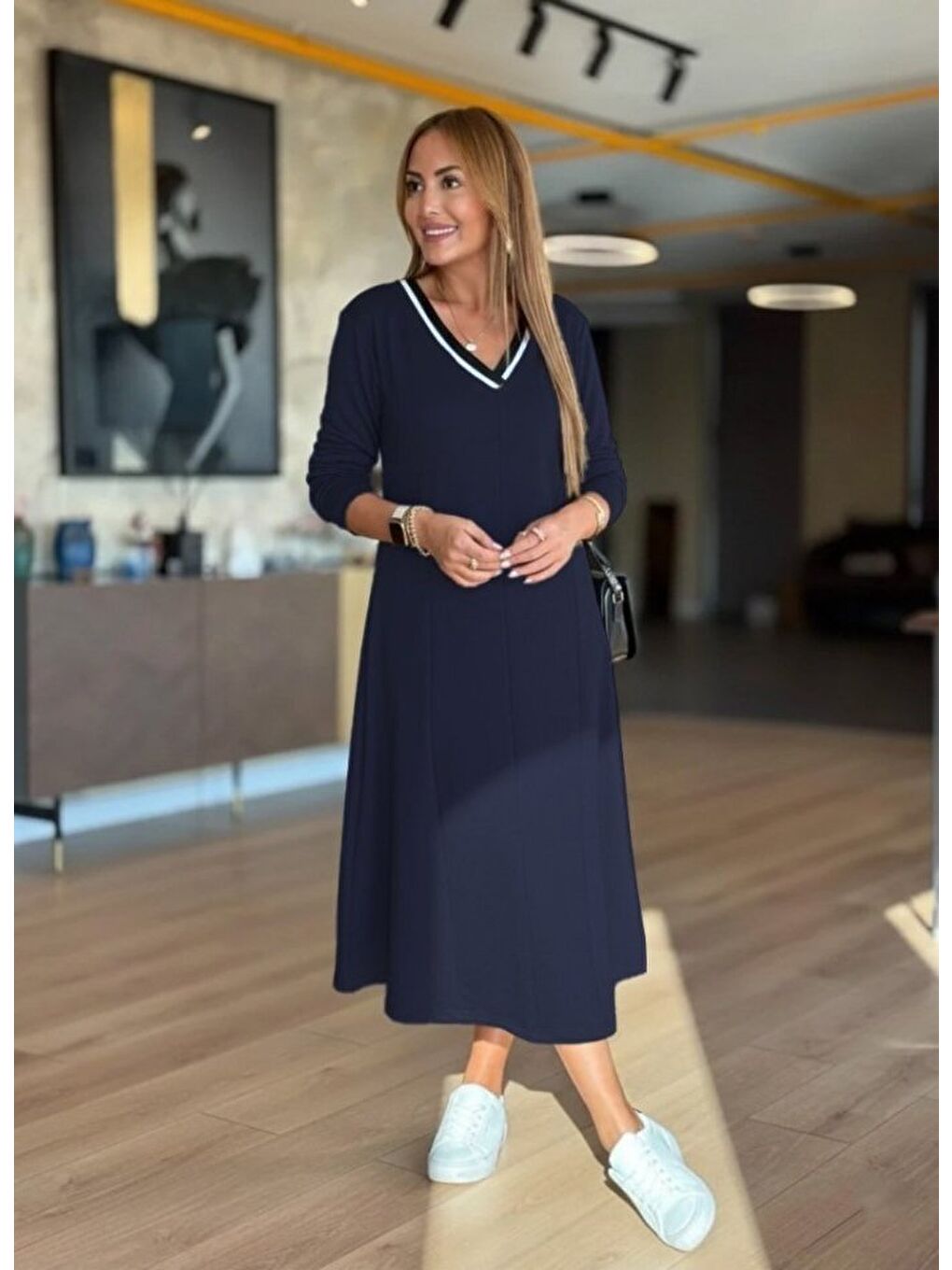 Lacivert Kadın Uzun Kollu V Yakalı Midi çağla Yeşili Modal Elbise-1