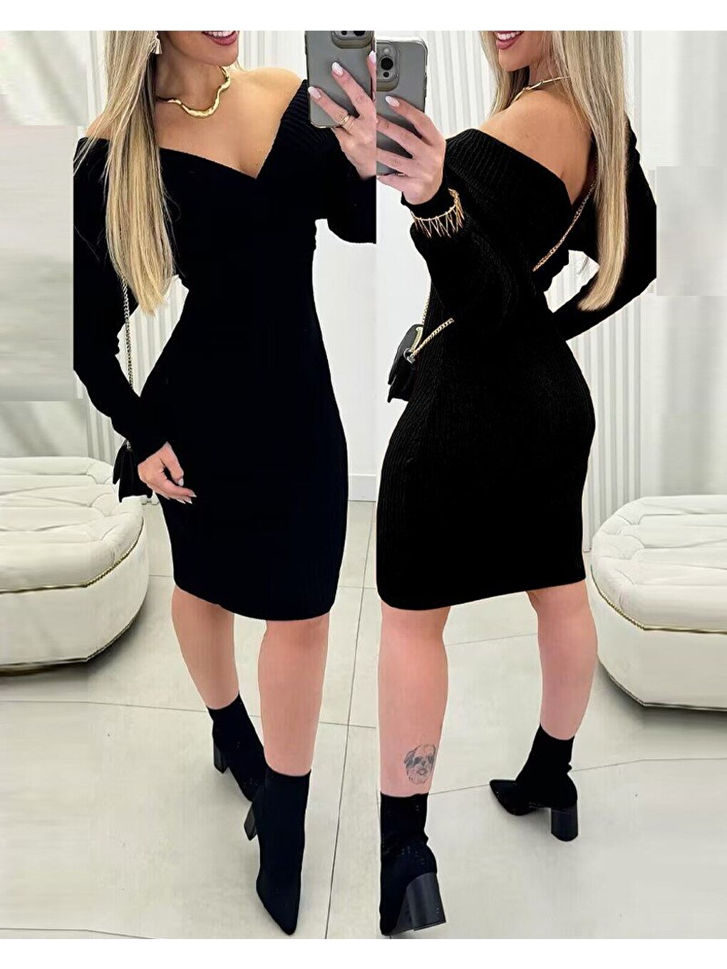 Siyah Kadın Uzun Kollu Omuzlardan Açık Kruvaze Yaka Kısa Triko Elbise-3