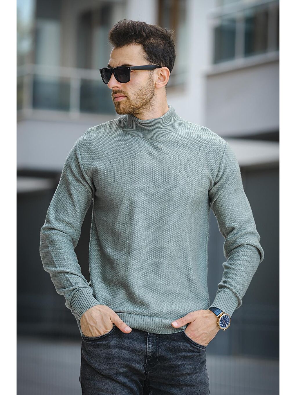 Yeşil Seka 509 Slim Fit Petek Örgü Erkek Yarım Balıkçı Kazak