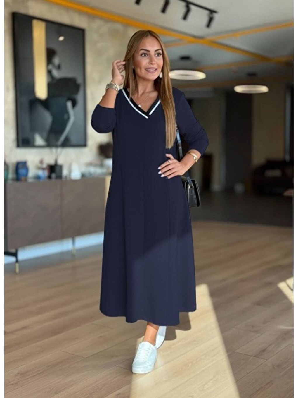 Lacivert Kadın Uzun Kollu V Yakalı Midi çağla Yeşili Modal Elbise-3