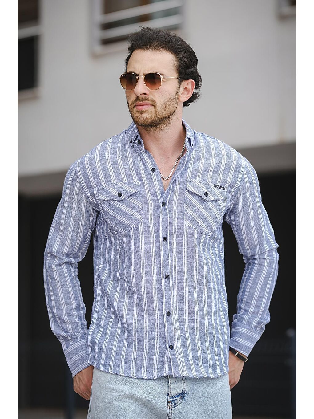 Lacivert Dar Kalıp Çift Cep Kapaklı Çizgili Erkek Gömlek-1