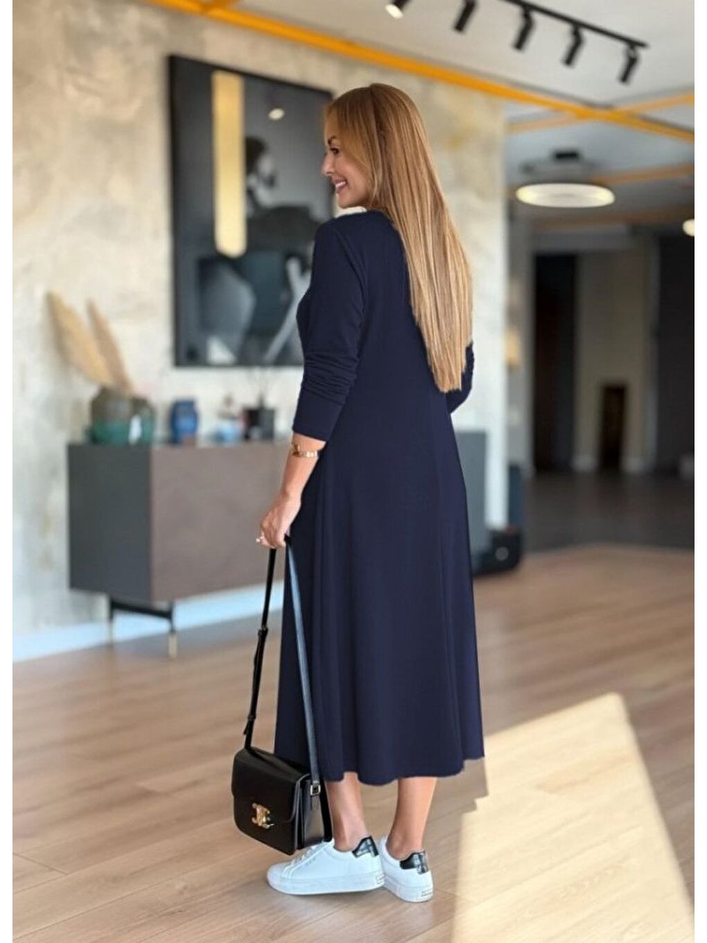 Lacivert Kadın Uzun Kollu V Yakalı Midi çağla Yeşili Modal Elbise-4