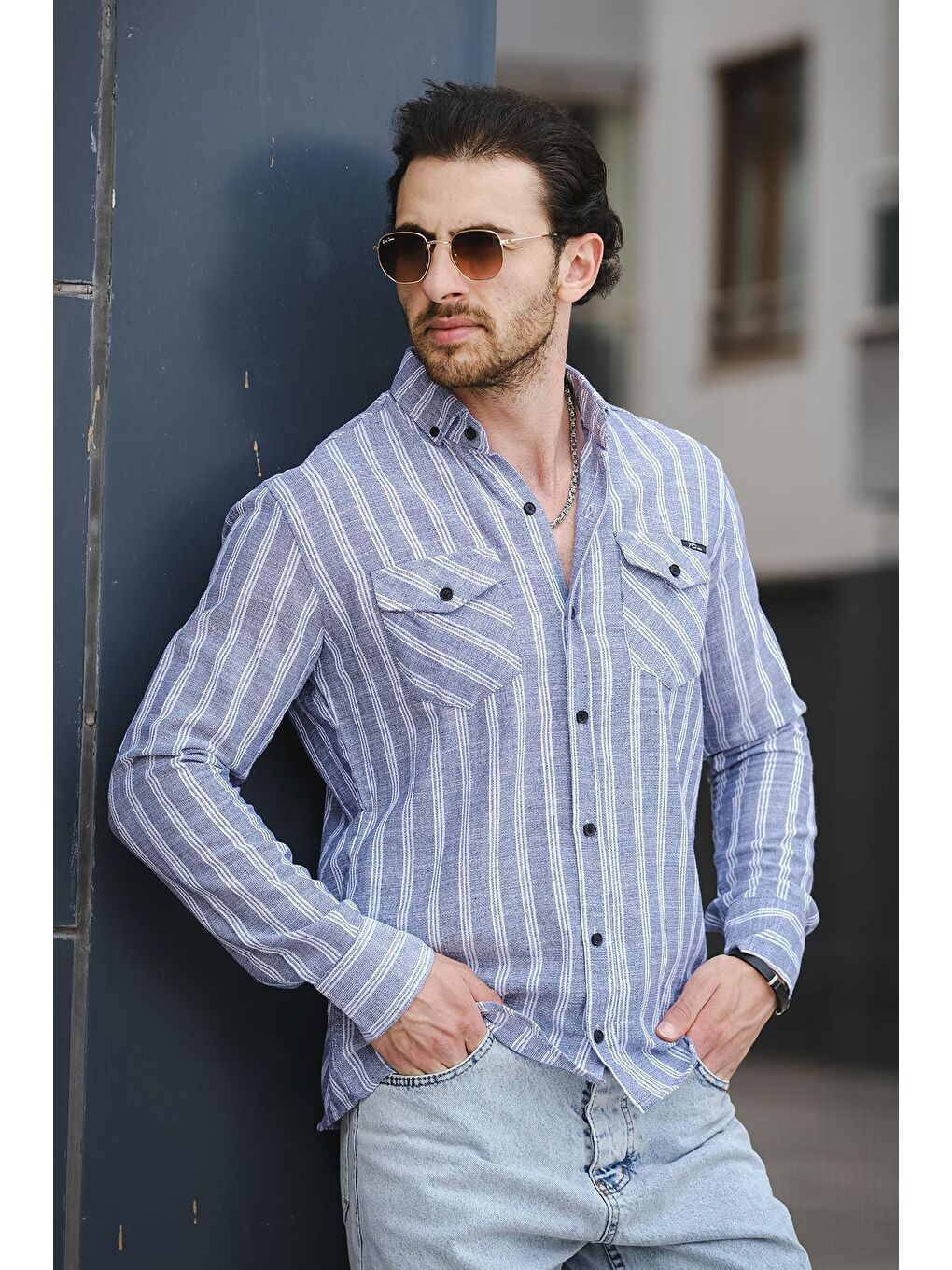 Lacivert Dar Kalıp Çift Cep Kapaklı Çizgili Erkek Gömlek-2