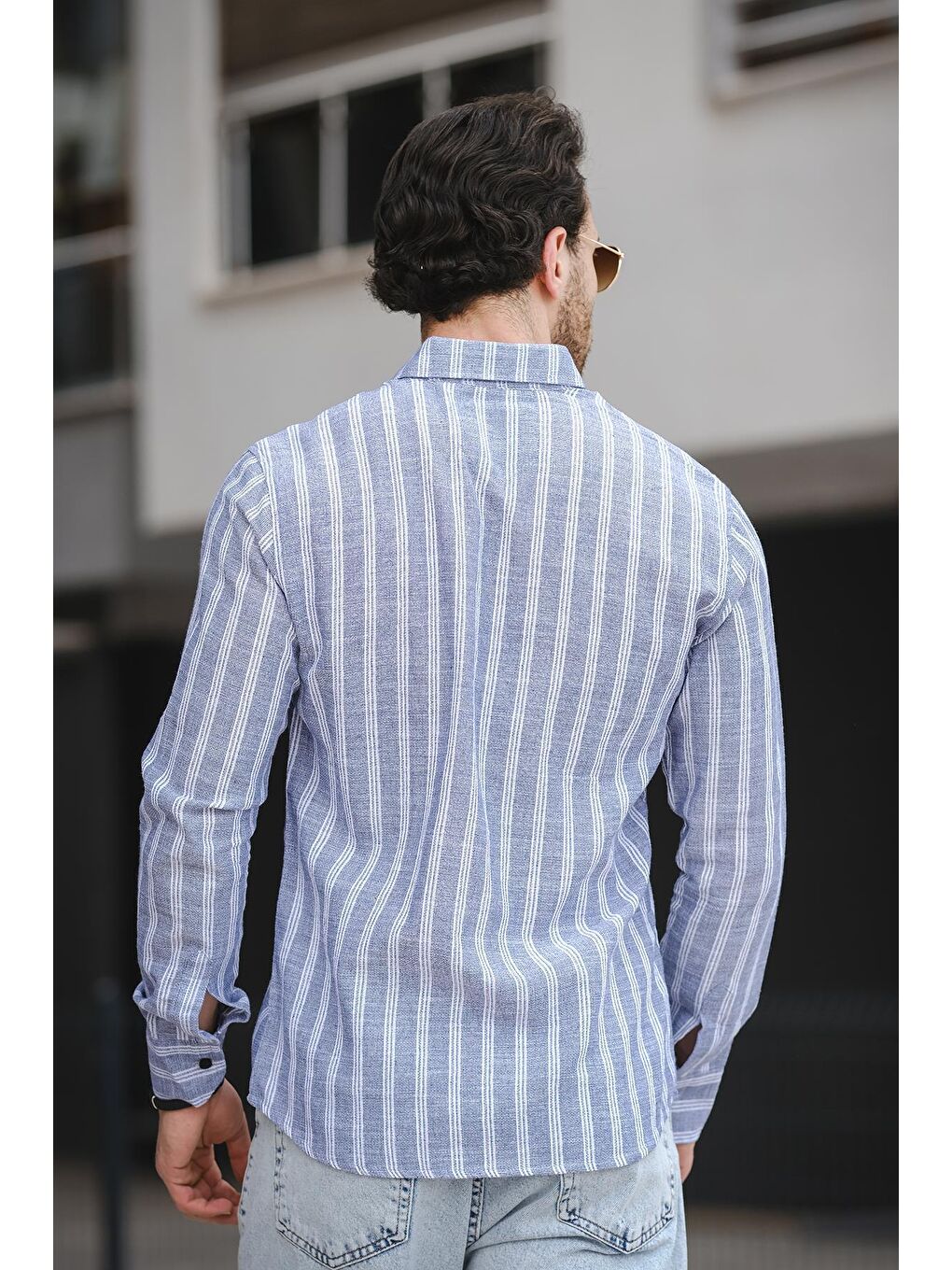 Lacivert Dar Kalıp Çift Cep Kapaklı Çizgili Erkek Gömlek-3