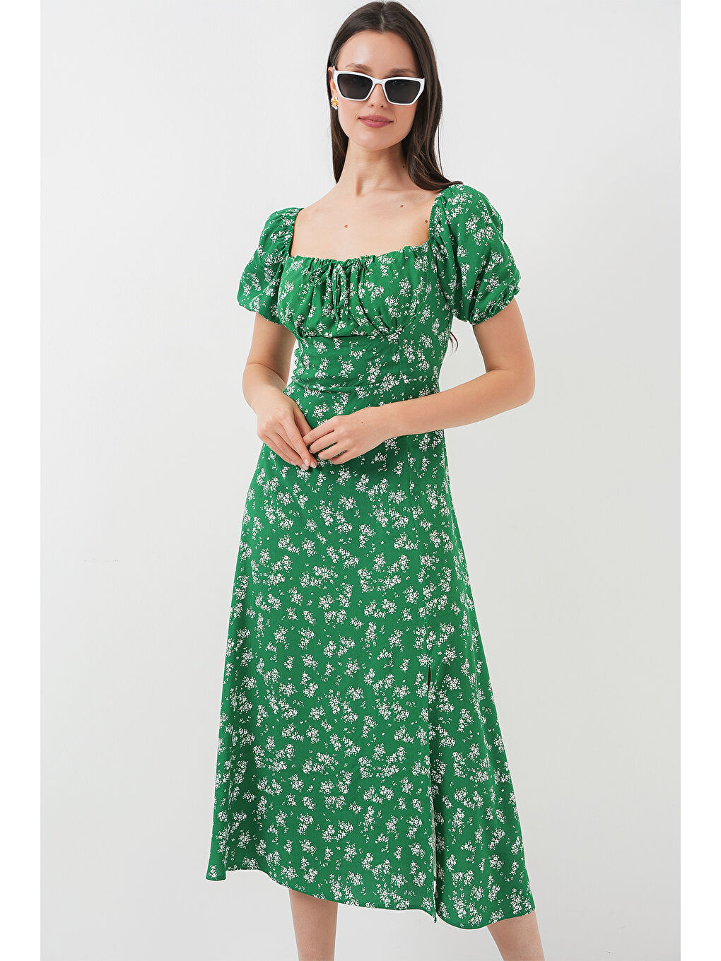 2387 Yırtmaç Detaylı Elbise - Zümrüt Yeşili-2