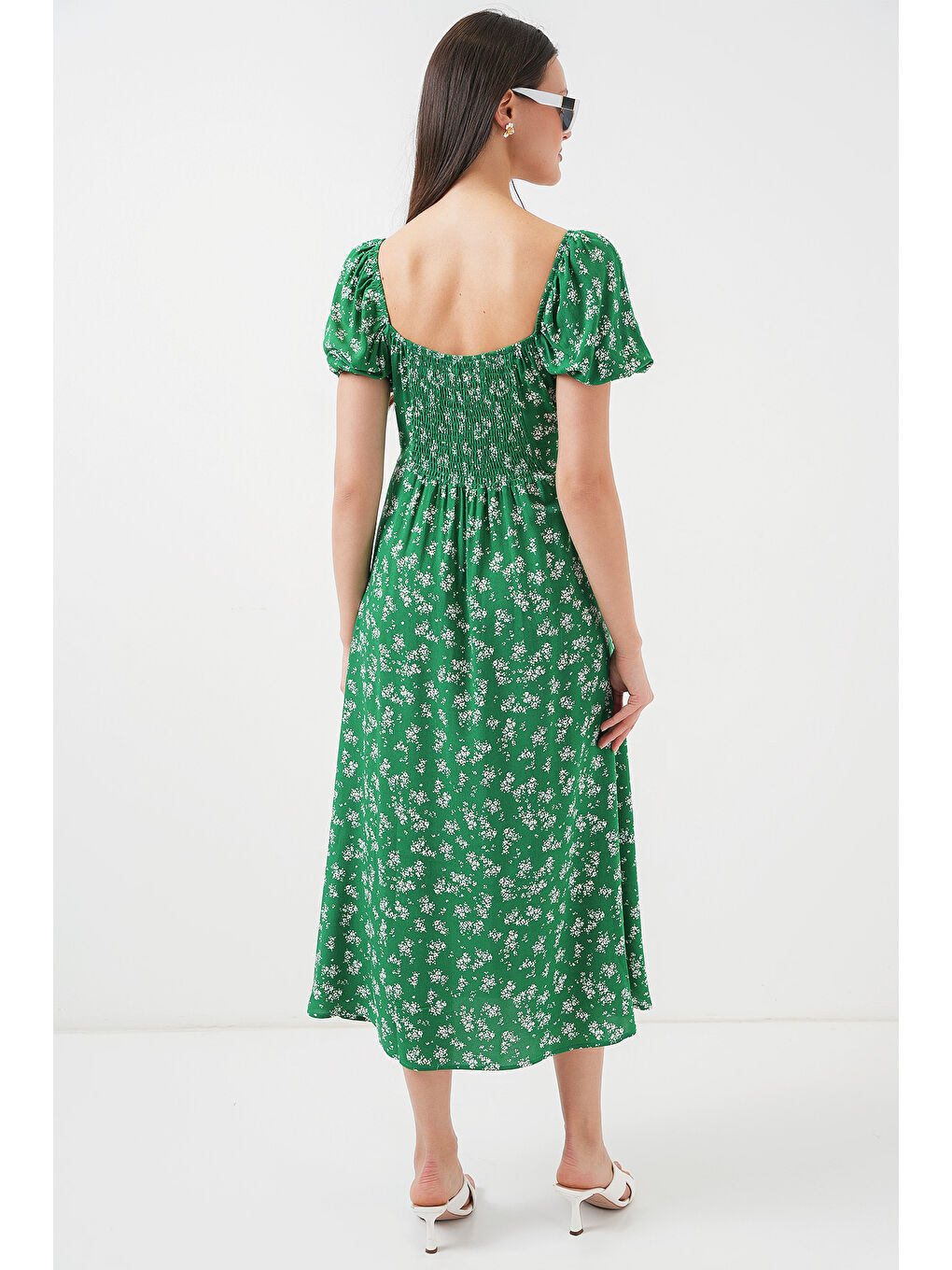 2387 Yırtmaç Detaylı Elbise - Zümrüt Yeşili-5