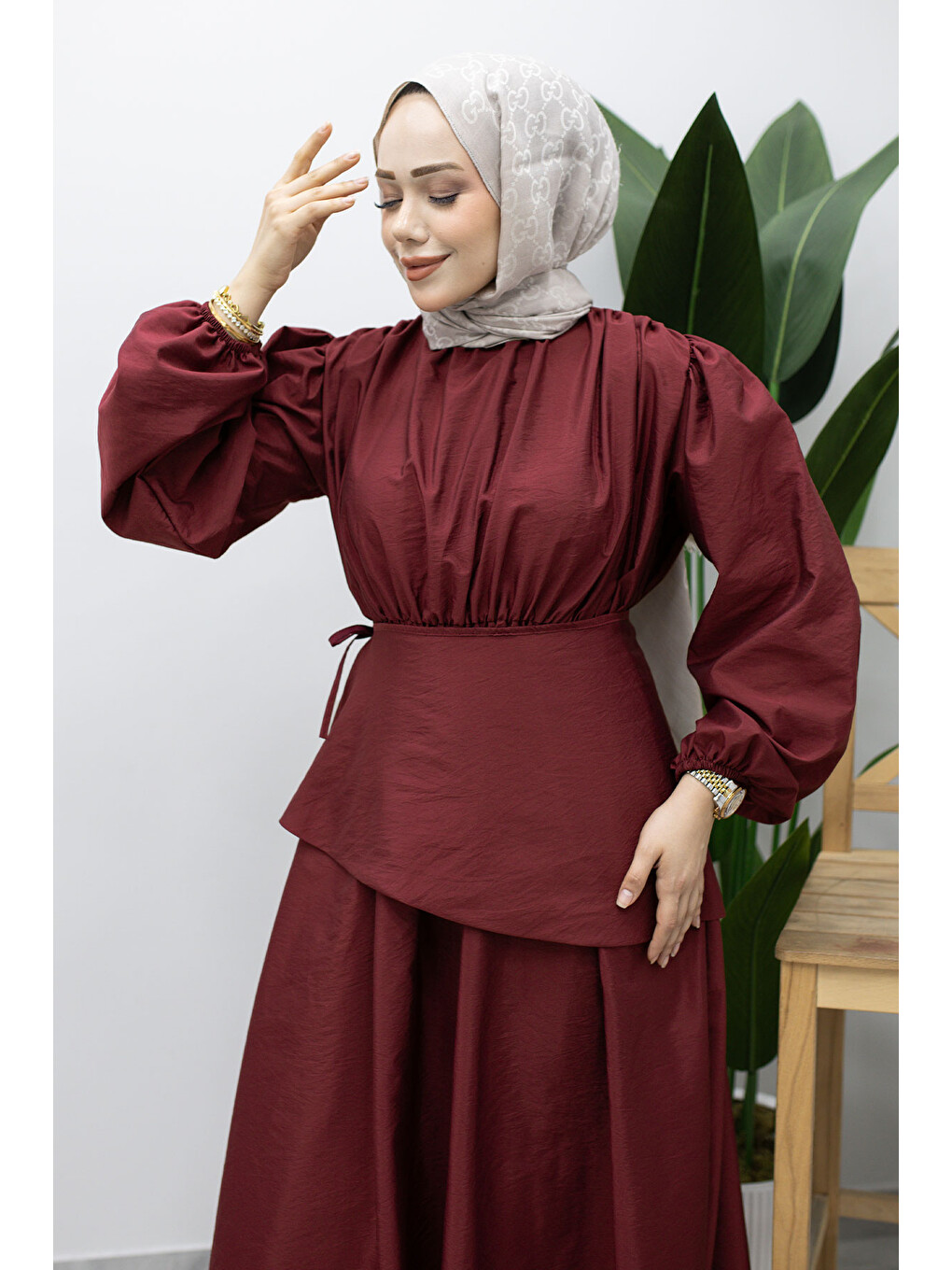 Sahra Seyyar Kemerli Elbise TSD260237 Bordo-1