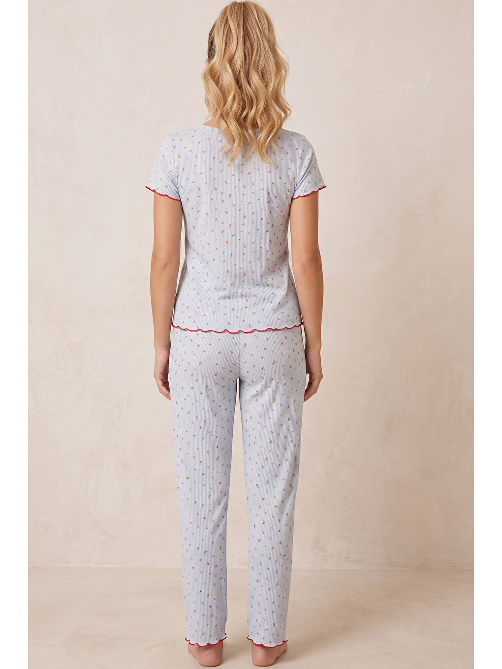 Mavi Çiçek Desenli Fiyonklu Pointelli Örme Pijama Takımı 26120660-2