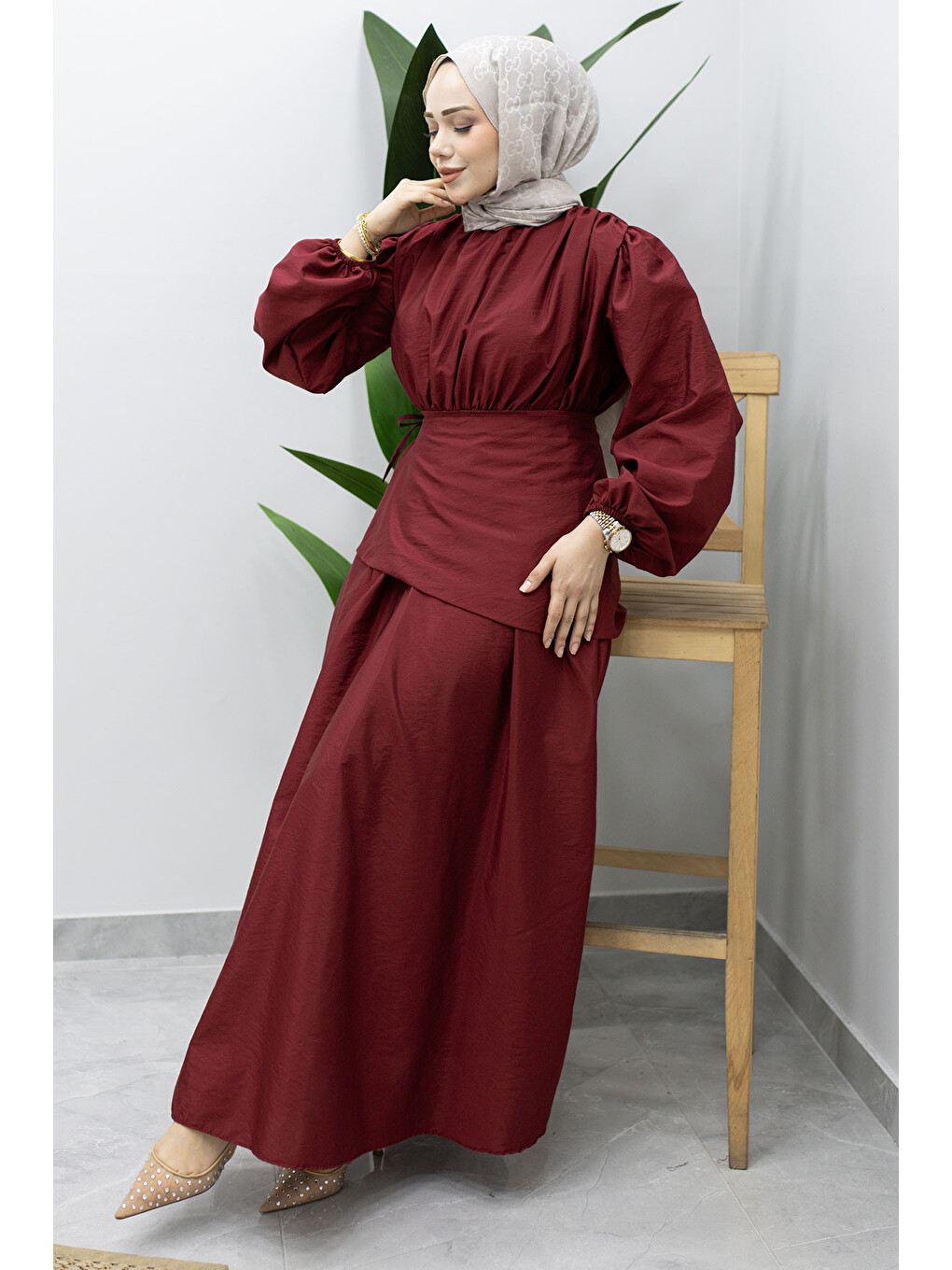 Sahra Seyyar Kemerli Elbise TSD260237 Bordo-2