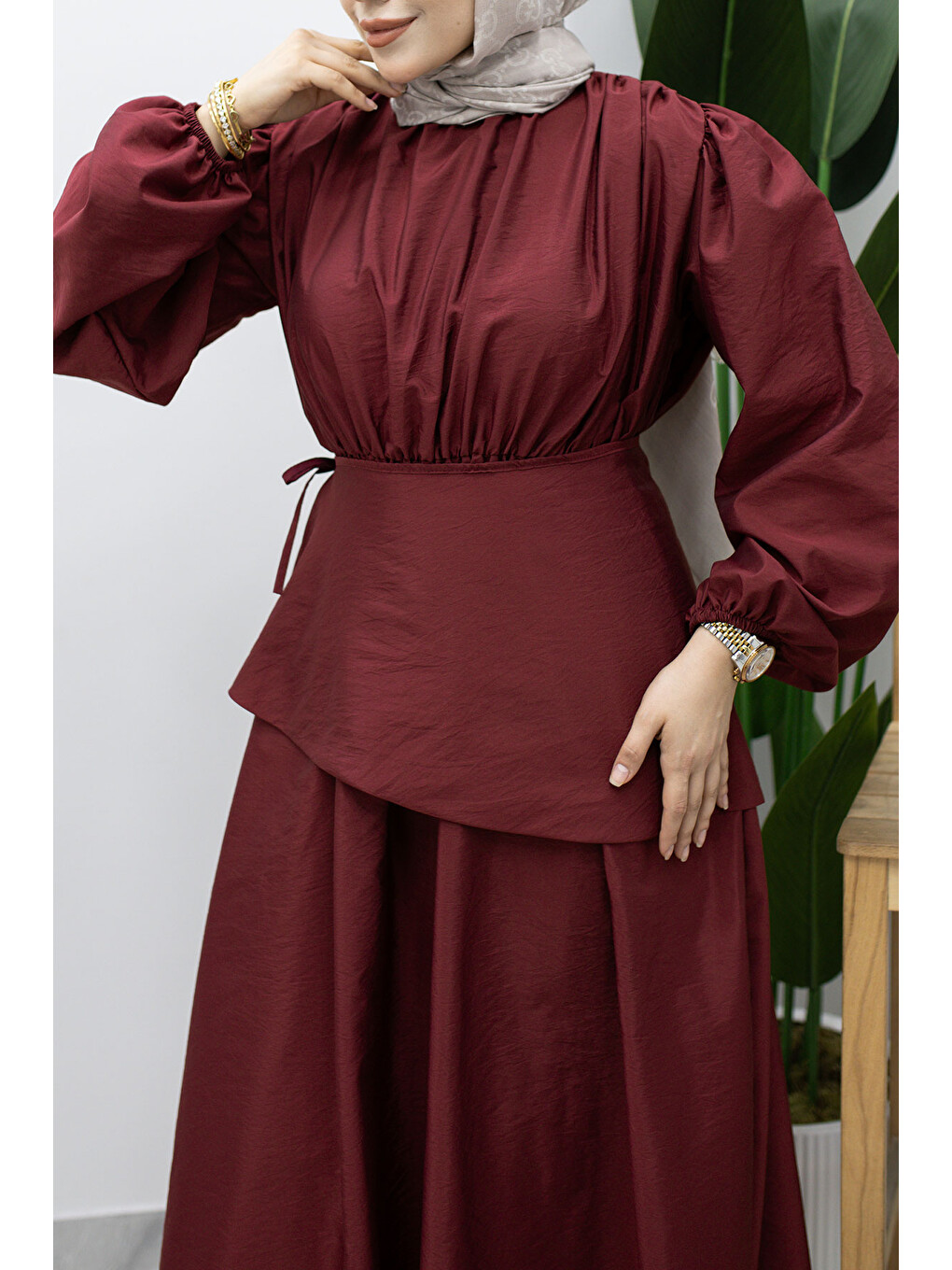 Sahra Seyyar Kemerli Elbise TSD260237 Bordo-3