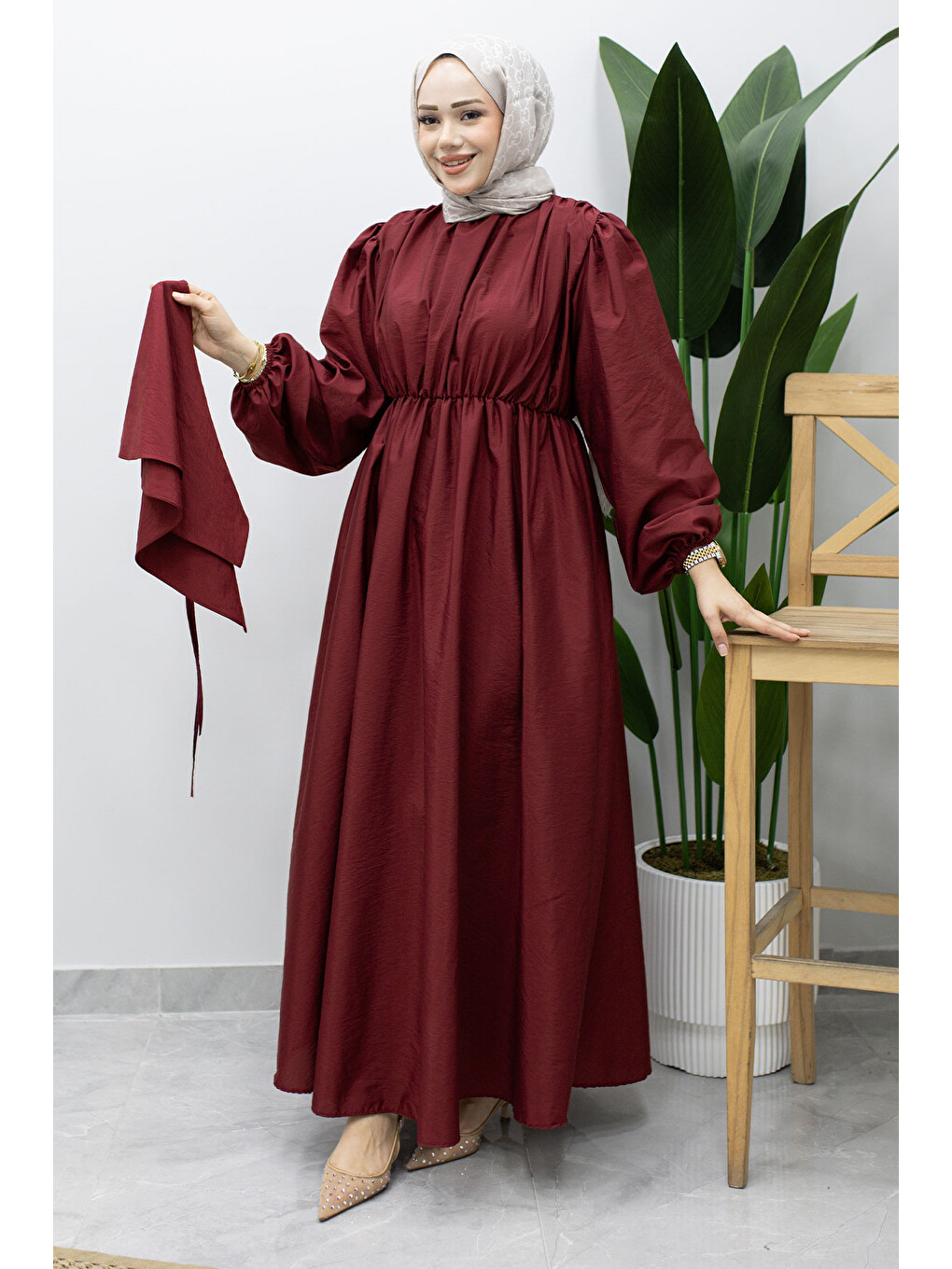 Sahra Seyyar Kemerli Elbise TSD260237 Bordo-4