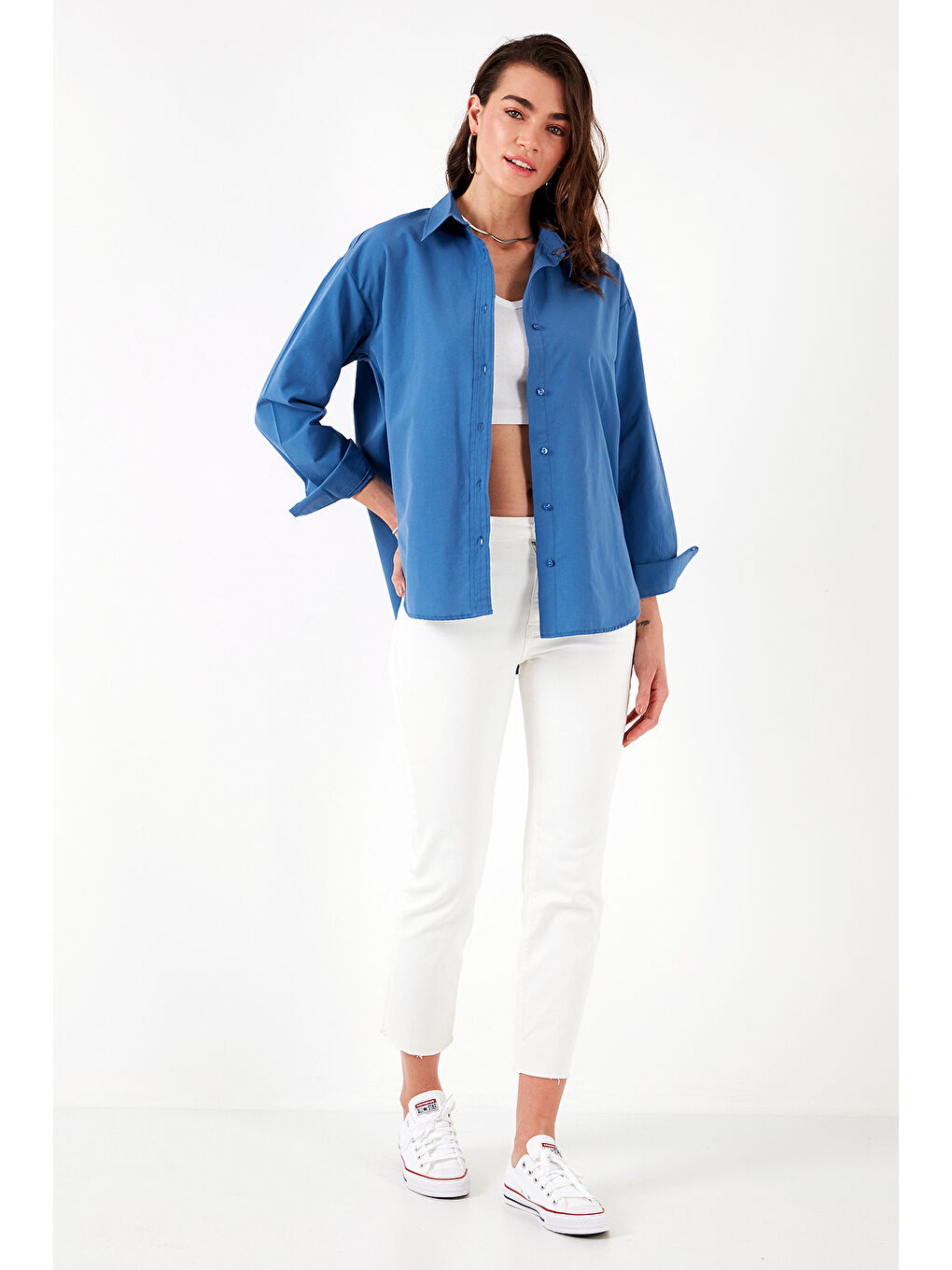 Mavi Pamuklu Regular Fit Önü Kısa Arkası Uzun Oval Kesim Gömlek Cf25S163867-2