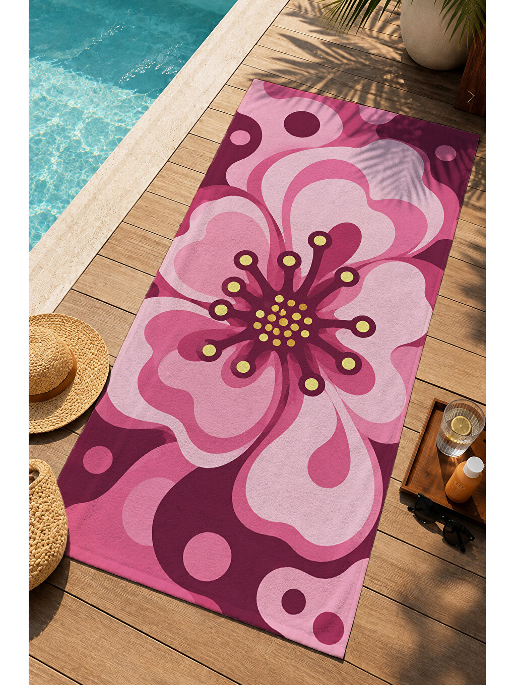 Retro Psikedelik Pembe Büyük Çiçek Ve Dalga Desenli 70x150 Plaj Havlusu - Pamuklu Banyo Havlusu-1