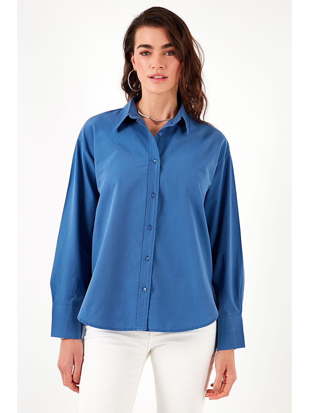 Mavi Pamuklu Regular Fit Önü Kısa Arkası Uzun Oval Kesim Gömlek Cf25S163867-5