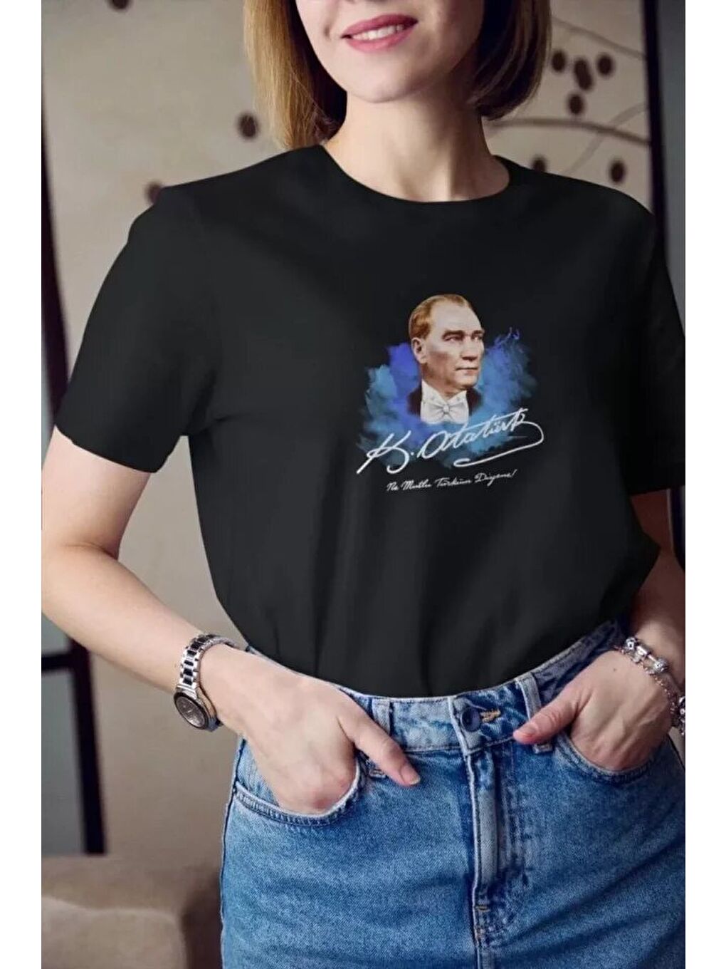 Unisex Bisiklet Yaka Baskılı Oversize T-Shirt - Siyah