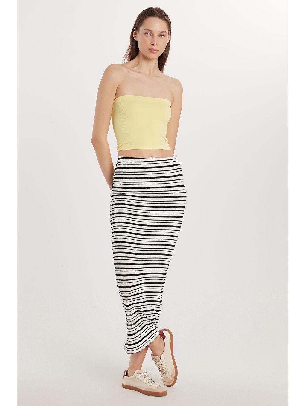 Karışık Kadın Slim Fit Viskon Çizgili Normal Bel Etek-3