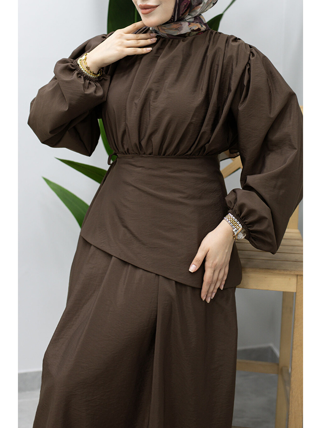 Sahra Seyyar Kemerli Elbise TSD260237 Kahverengi-3