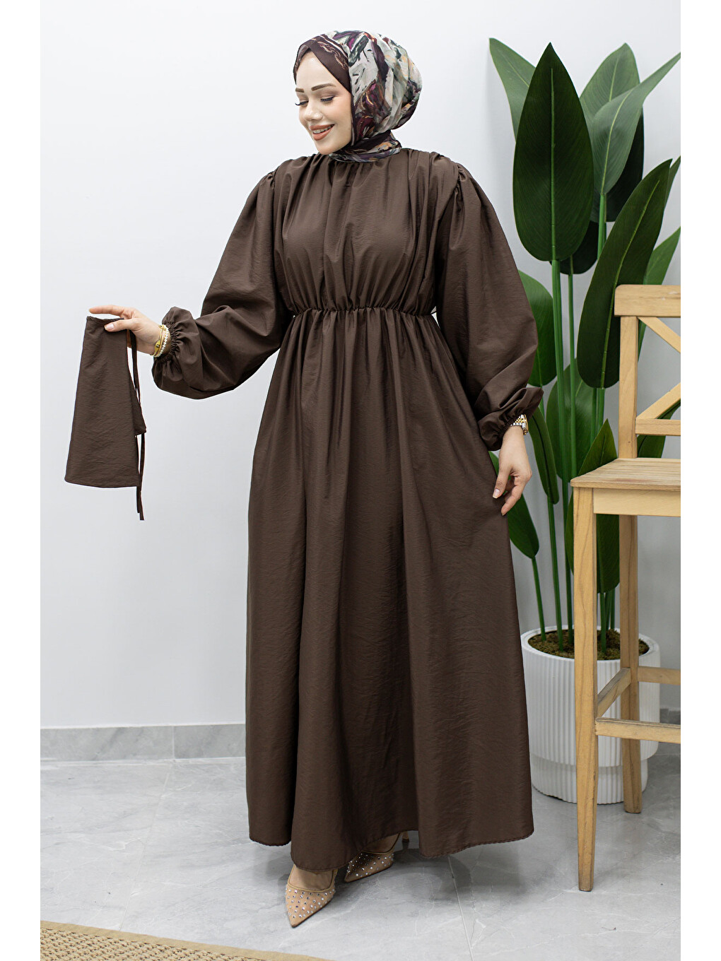 Sahra Seyyar Kemerli Elbise TSD260237 Kahverengi-4