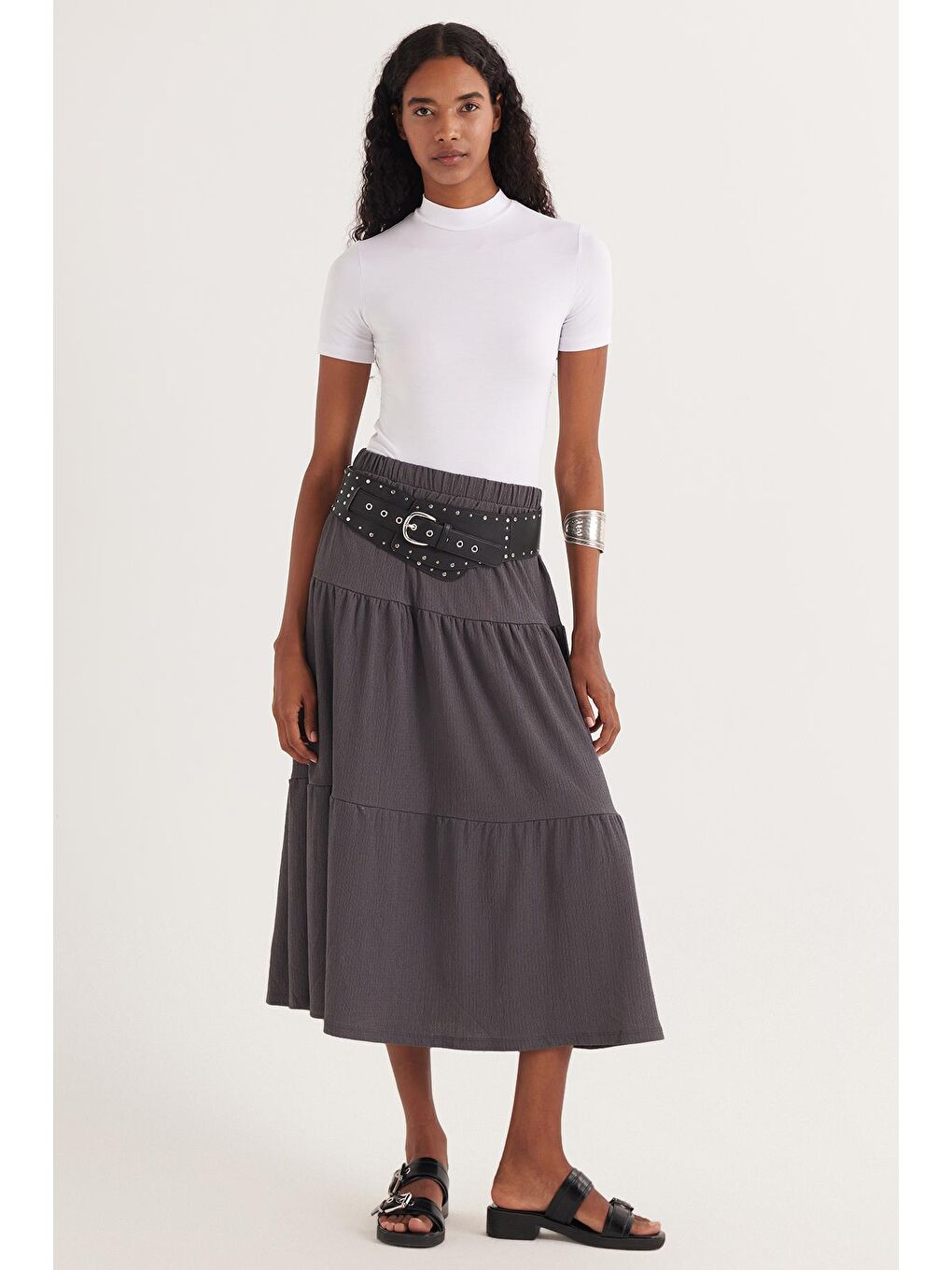 Kadın Regular Fit Pamuklu Düz Antrasit Etek-1