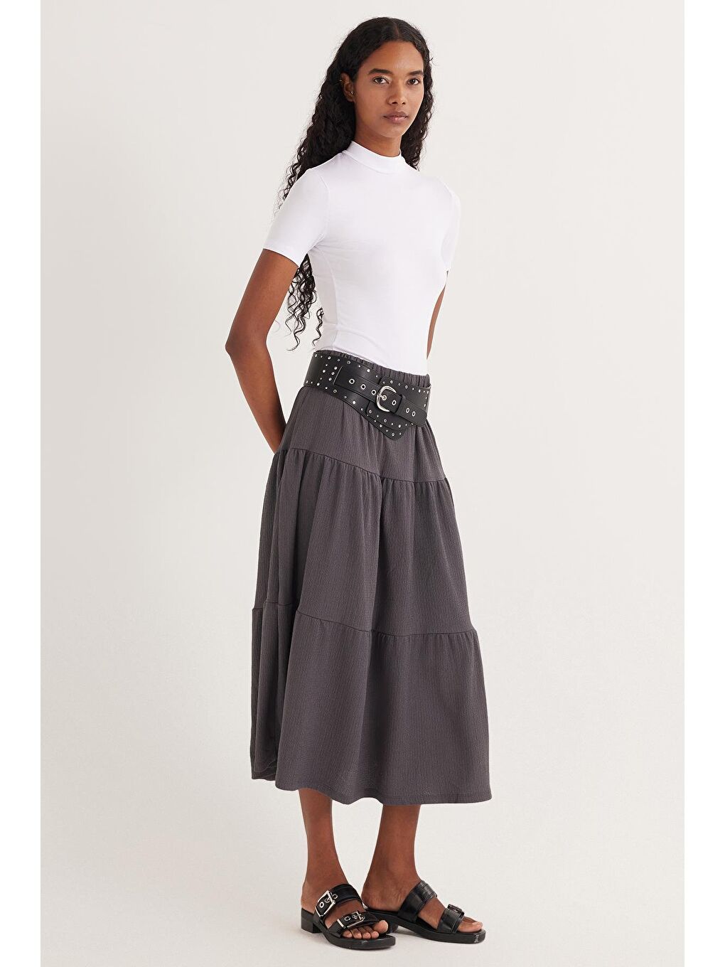 Kadın Regular Fit Pamuklu Düz Antrasit Etek-4