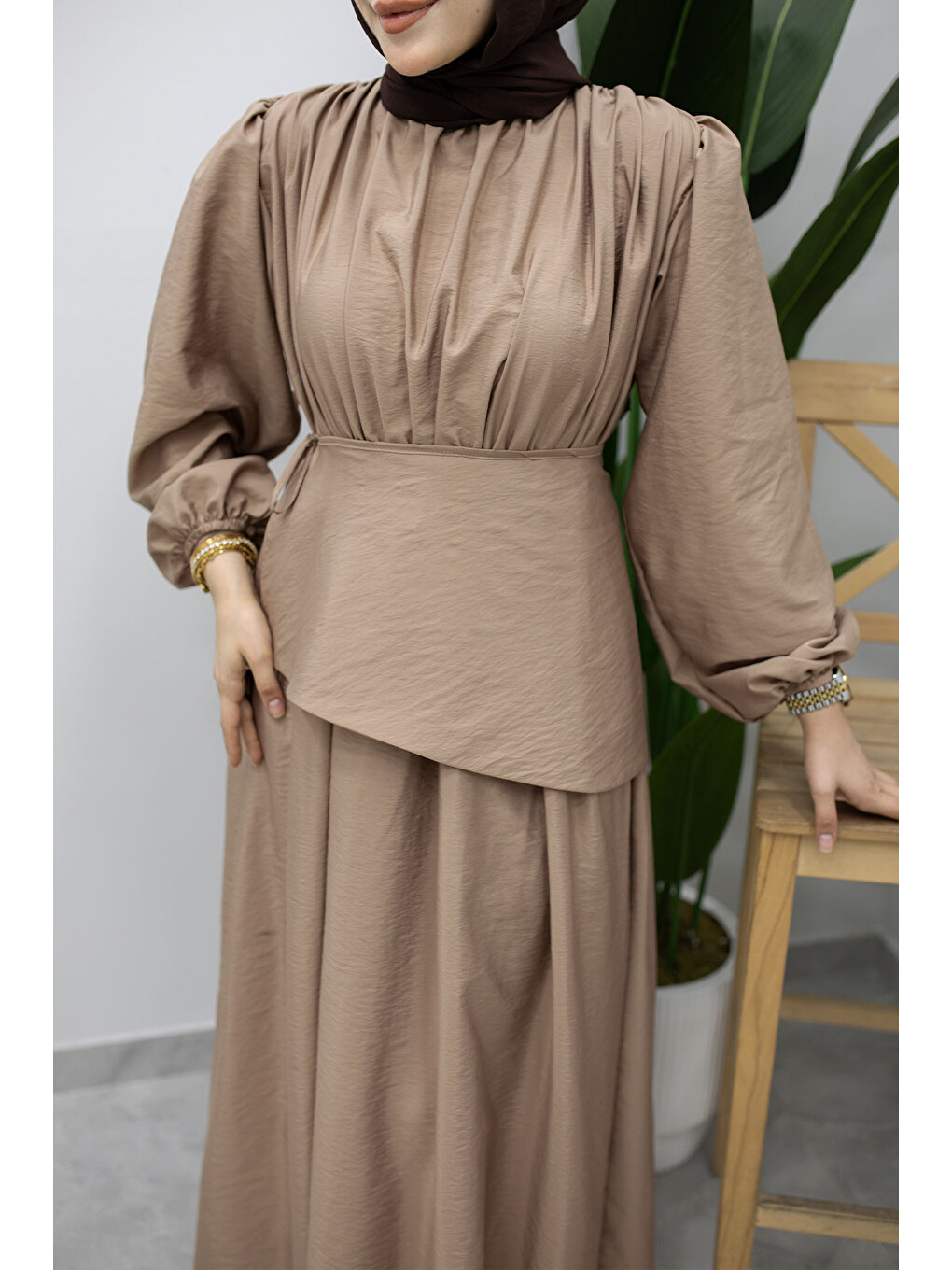 Bej Sahra Seyyar Kemerli Elbise TSD260237 Vizon-1