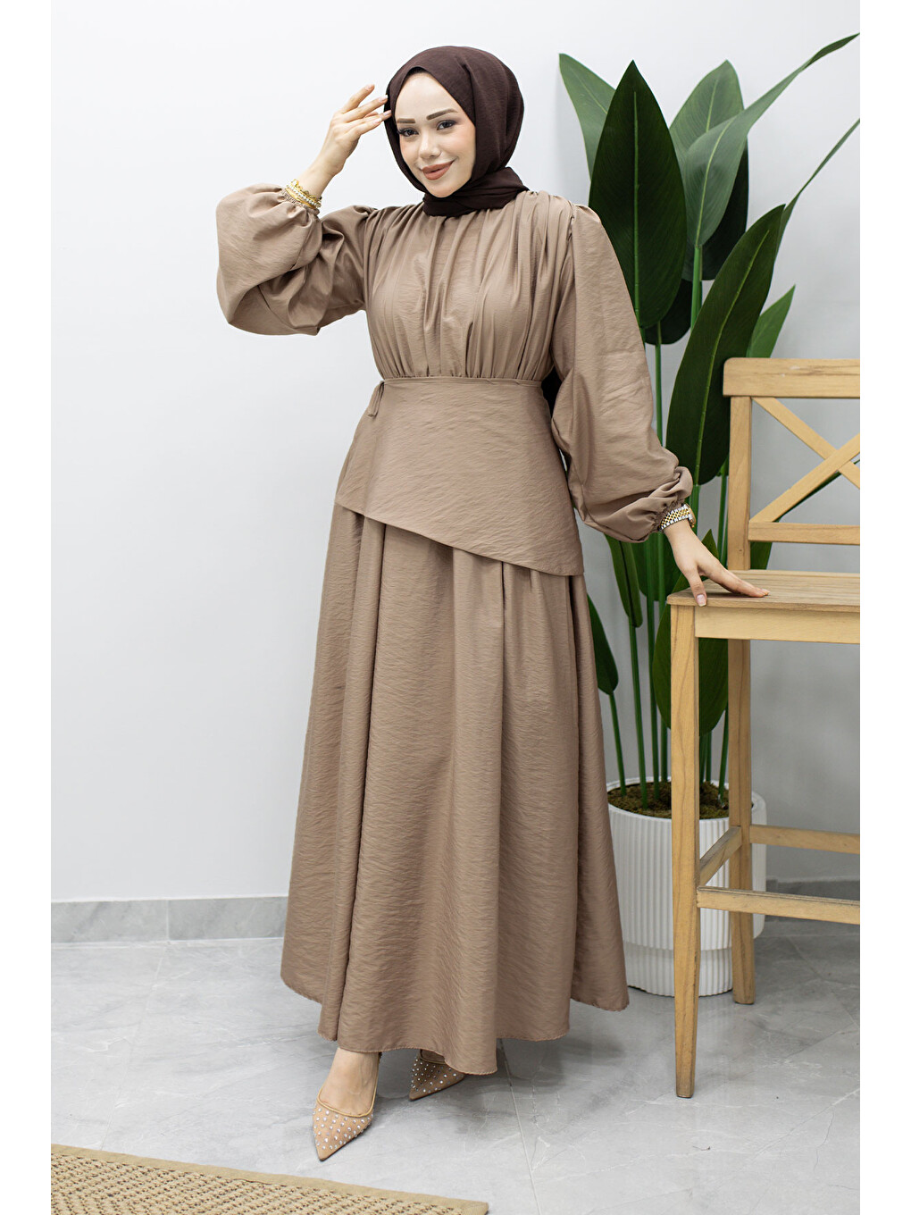 Bej Sahra Seyyar Kemerli Elbise TSD260237 Vizon-2