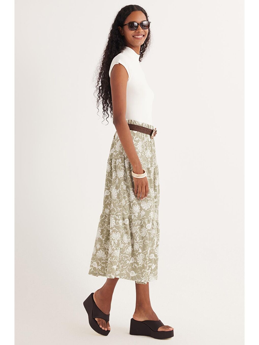 Karışık Kadın Standart Fit Beli Lastikli Baskılı Midi Boy Etek-1