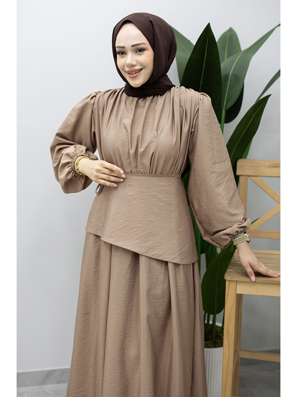 Bej Sahra Seyyar Kemerli Elbise TSD260237 Vizon-3