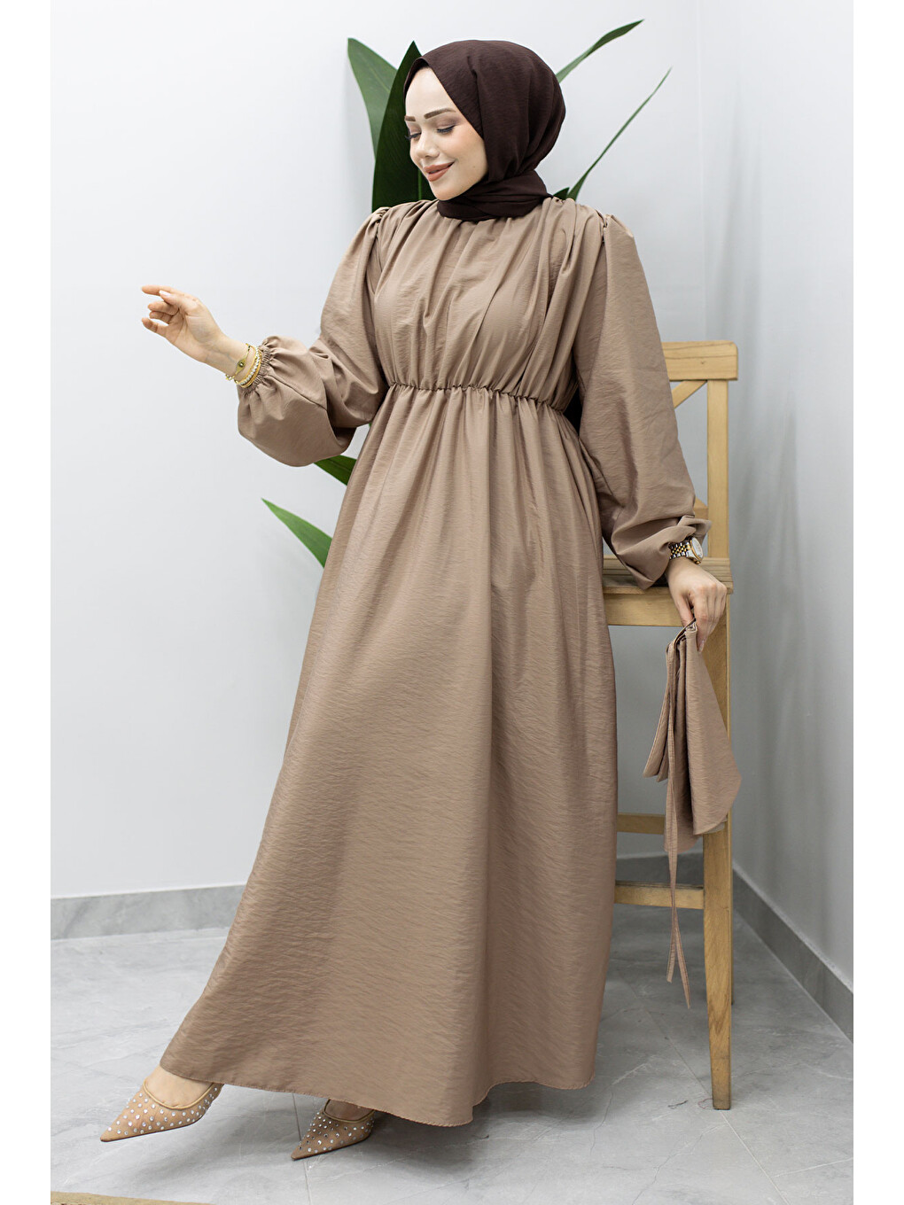 Bej Sahra Seyyar Kemerli Elbise TSD260237 Vizon-4
