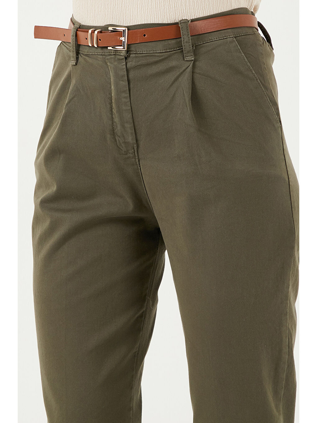 Haki Streç Pamuklu Regular Fit Yüksek Bel Düz Kısa Paça Kemerli Pantolon 668Yp5335-4