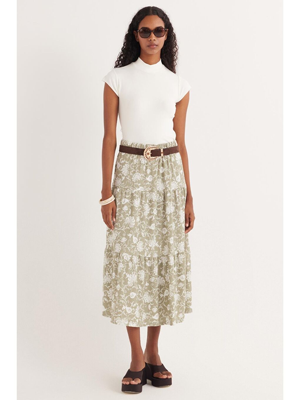 Karışık Kadın Standart Fit Beli Lastikli Baskılı Midi Boy Etek-3
