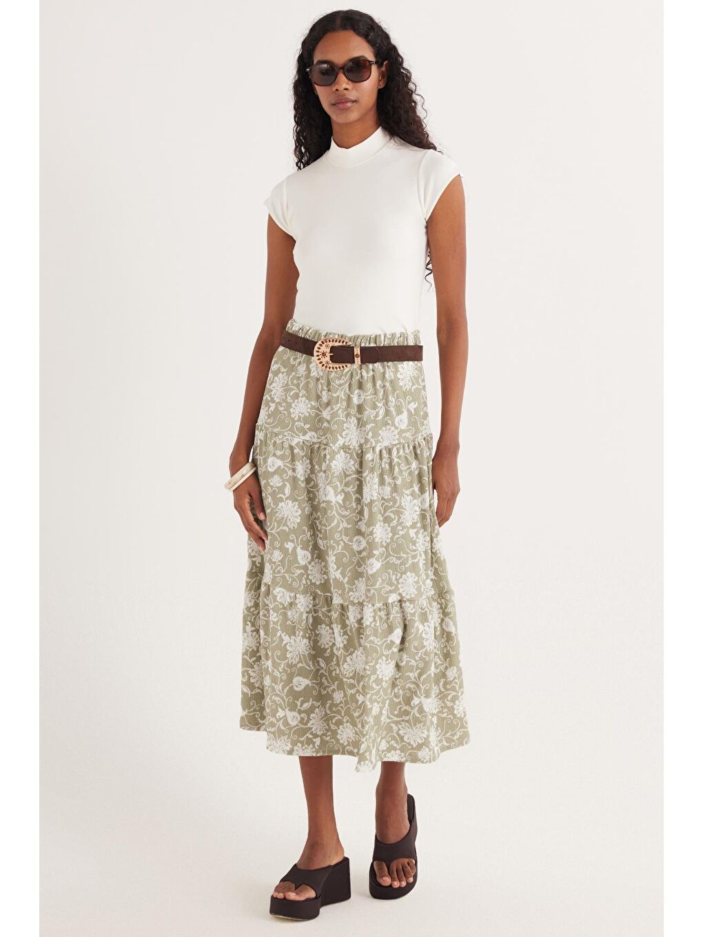 Karışık Kadın Standart Fit Beli Lastikli Baskılı Midi Boy Etek-4