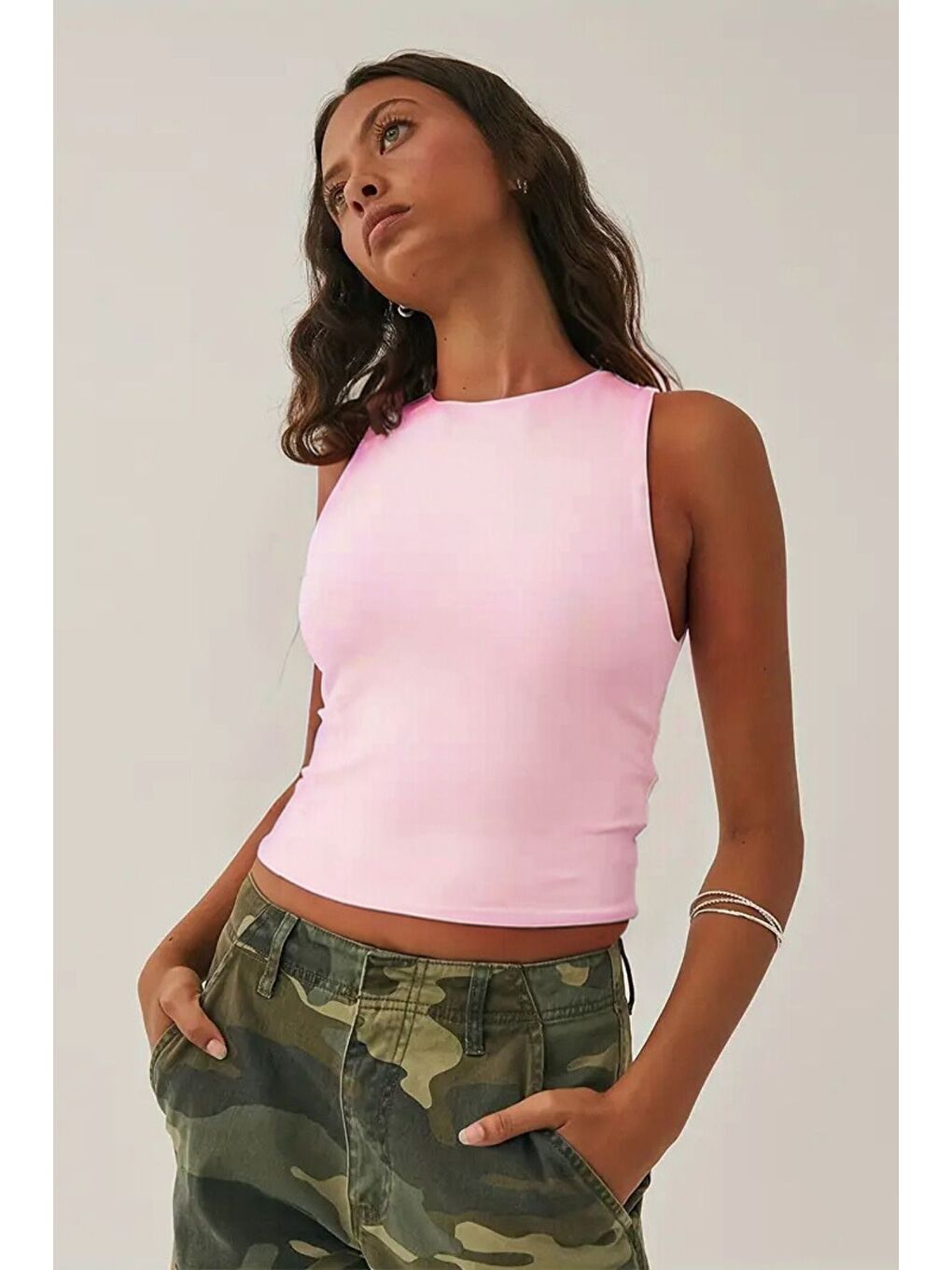 Pembe Kadın Atlet – Düz Basic Crop Kolsuz T-shirt-1