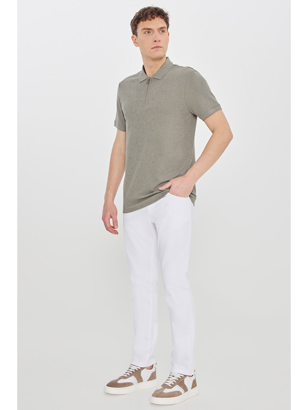 Erkek Haki Pamuklu Slim Fit Dar Kesim Polo Yaka Jakarlı Esnek Tişört-1