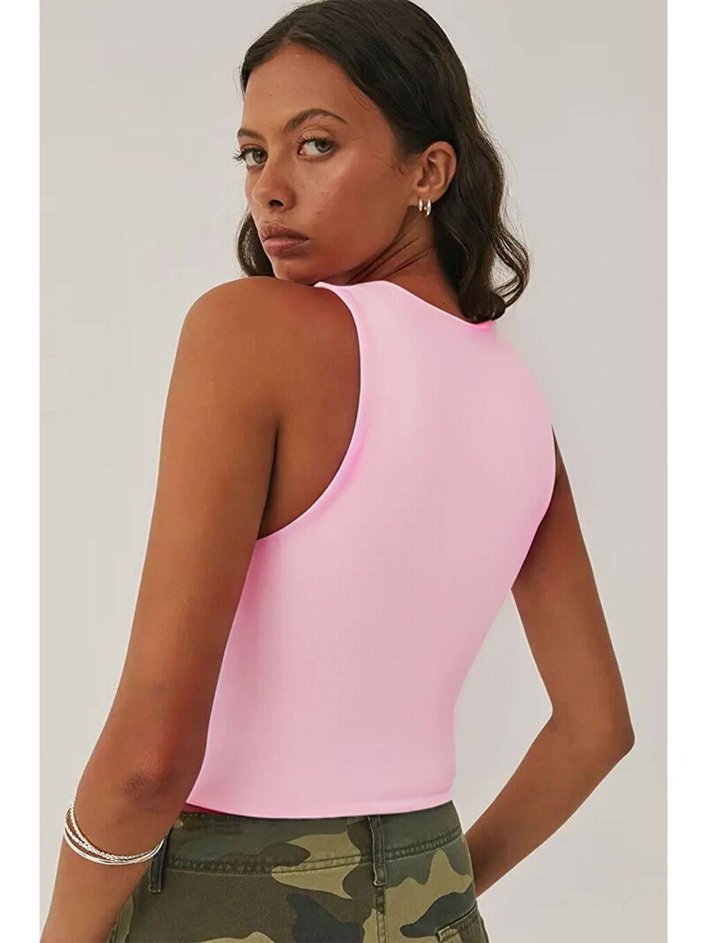 Pembe Kadın Atlet – Düz Basic Crop Kolsuz T-shirt-2