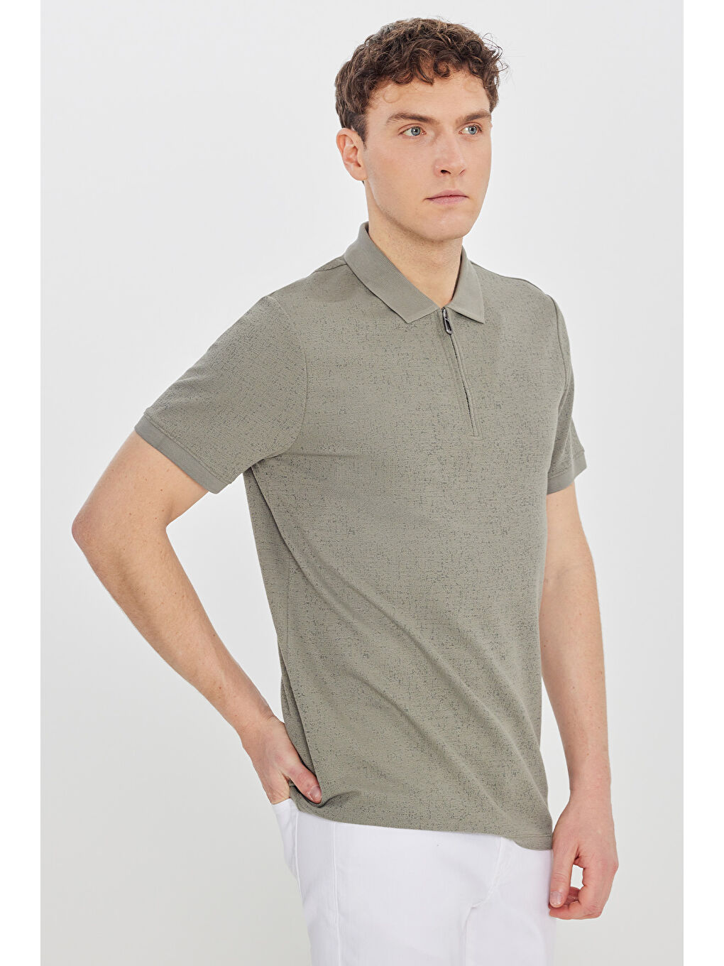 Erkek Haki Pamuklu Slim Fit Dar Kesim Polo Yaka Jakarlı Esnek Tişört-2
