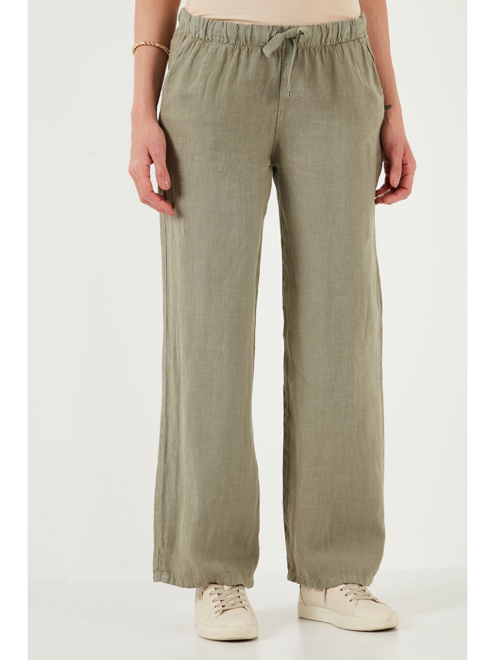 Haki Relaxed Fit Normal Bel Geniş Paça Çift Cepli Keten Pantolon 668Yp4991-1