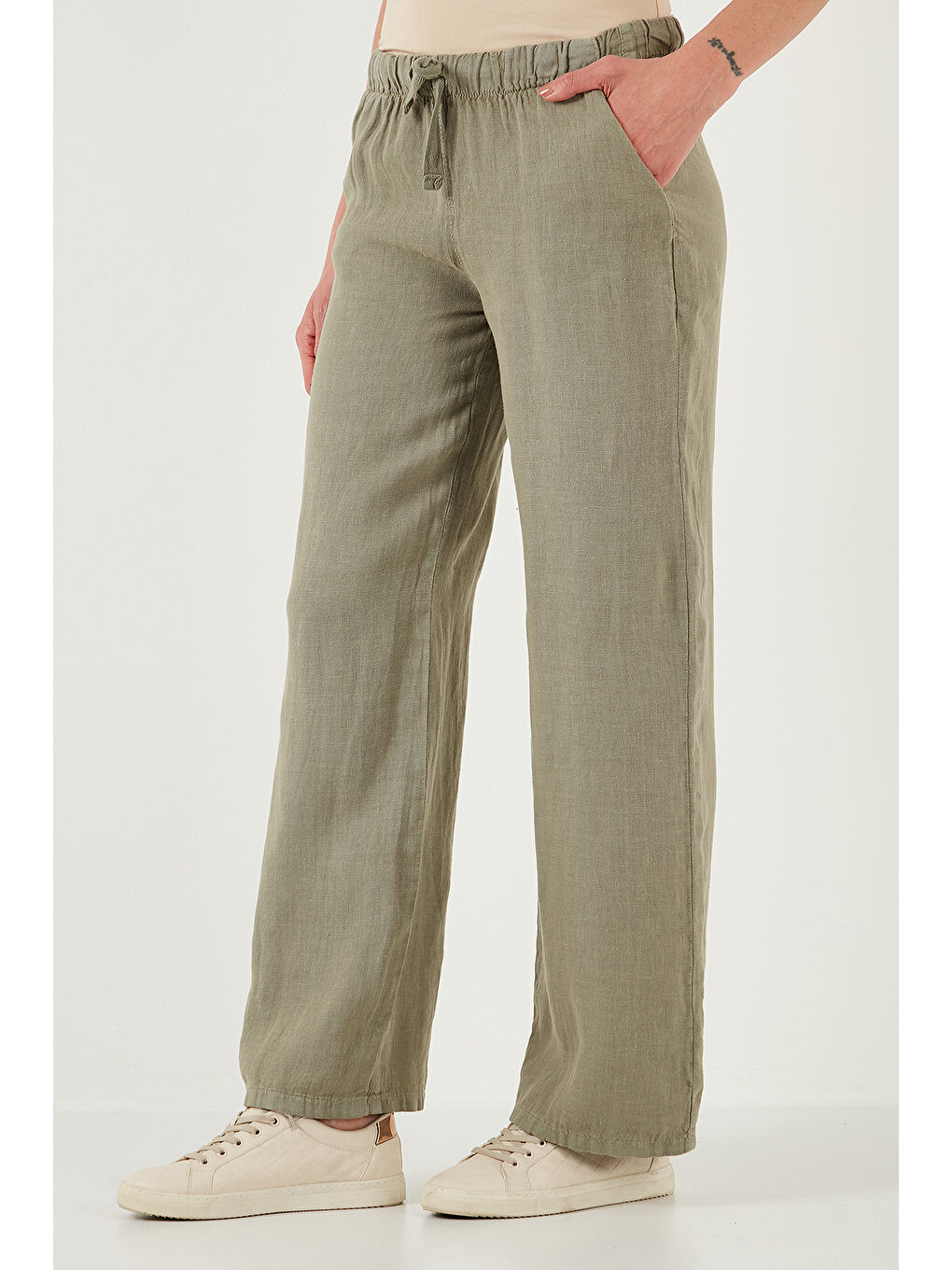 Haki Relaxed Fit Normal Bel Geniş Paça Çift Cepli Keten Pantolon 668Yp4991-2