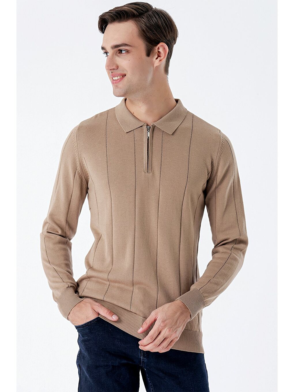 Kahverengi Koyu Camel Uzun Kollu Desenli Örme Polo Yaka Pamuklu Klasik Comfort Fit Triko 1012235165