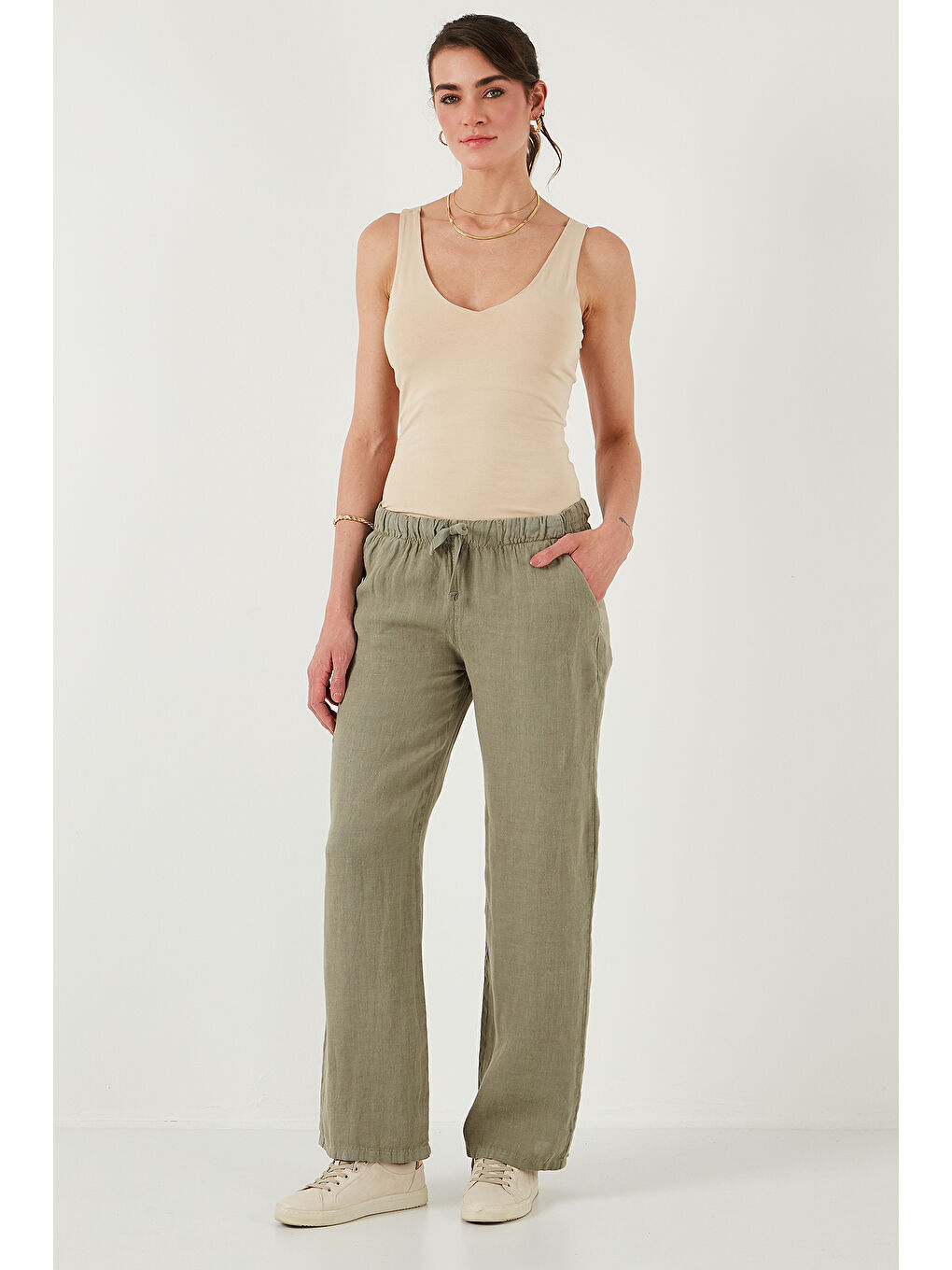 Haki Relaxed Fit Normal Bel Geniş Paça Çift Cepli Keten Pantolon 668Yp4991-3