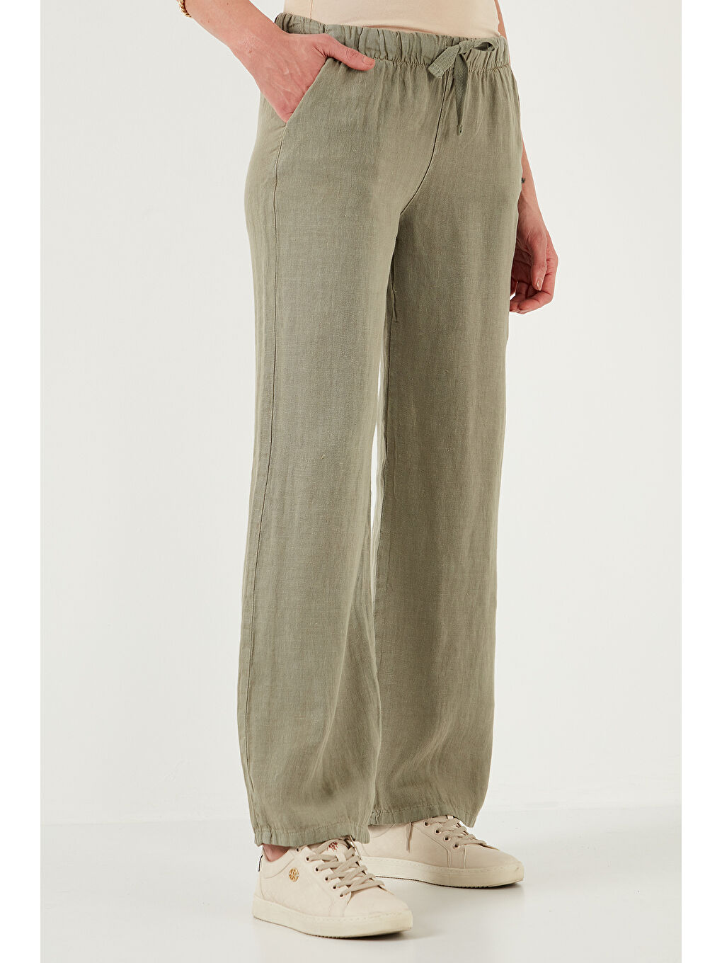 Haki Relaxed Fit Normal Bel Geniş Paça Çift Cepli Keten Pantolon 668Yp4991-4