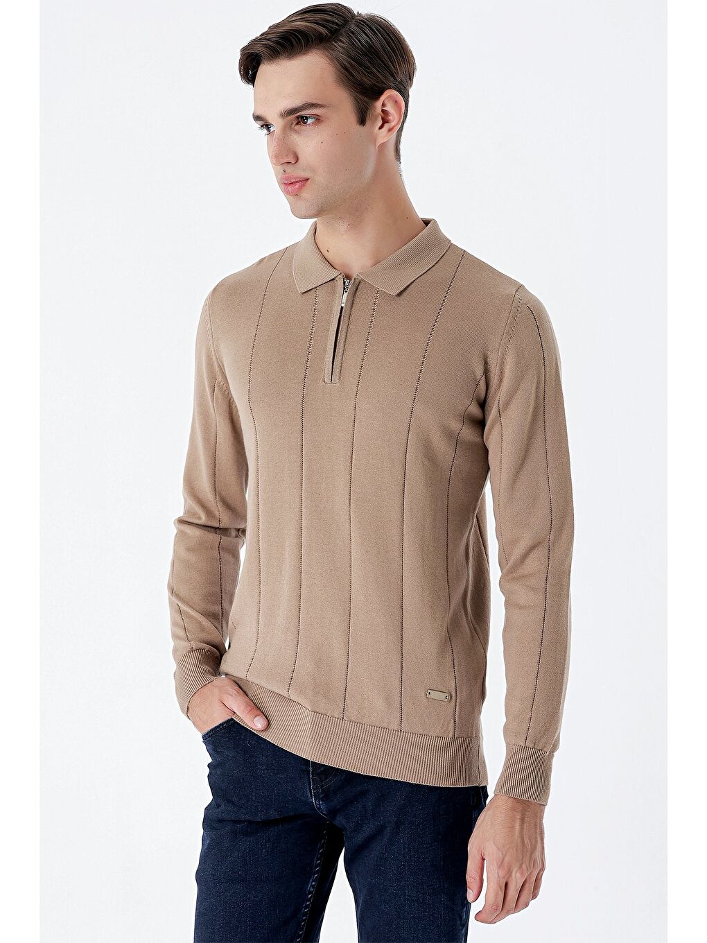 Kahverengi Koyu Camel Uzun Kollu Desenli Örme Polo Yaka Pamuklu Klasik Comfort Fit Triko 1012235165-1