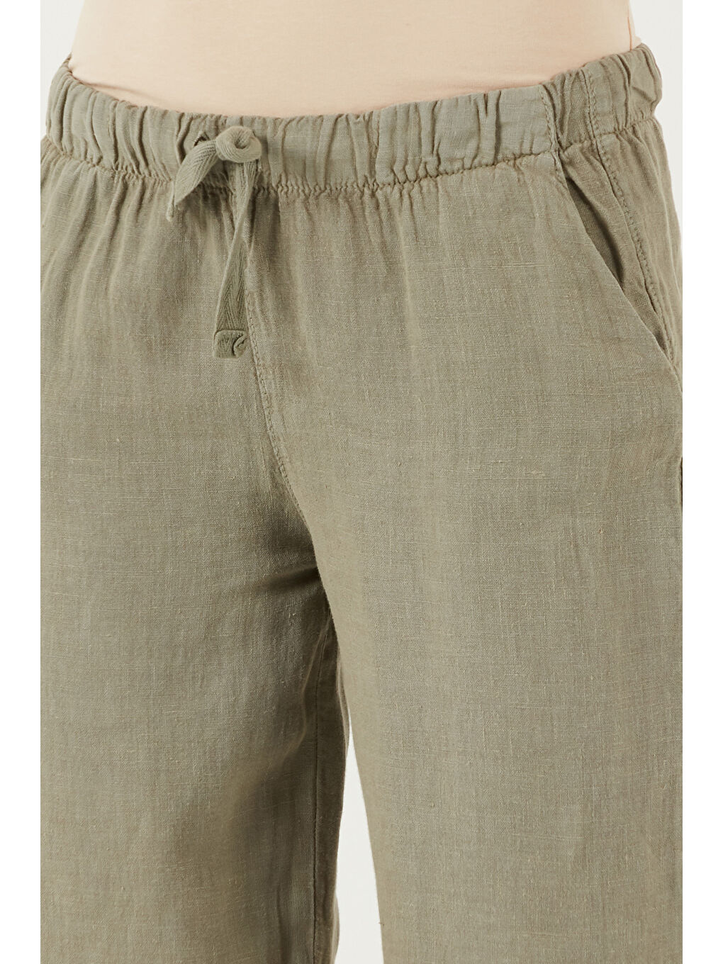 Haki Relaxed Fit Normal Bel Geniş Paça Çift Cepli Keten Pantolon 668Yp4991-5