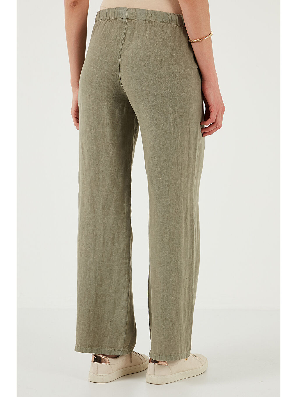 Haki Relaxed Fit Normal Bel Geniş Paça Çift Cepli Keten Pantolon 668Yp4991-6