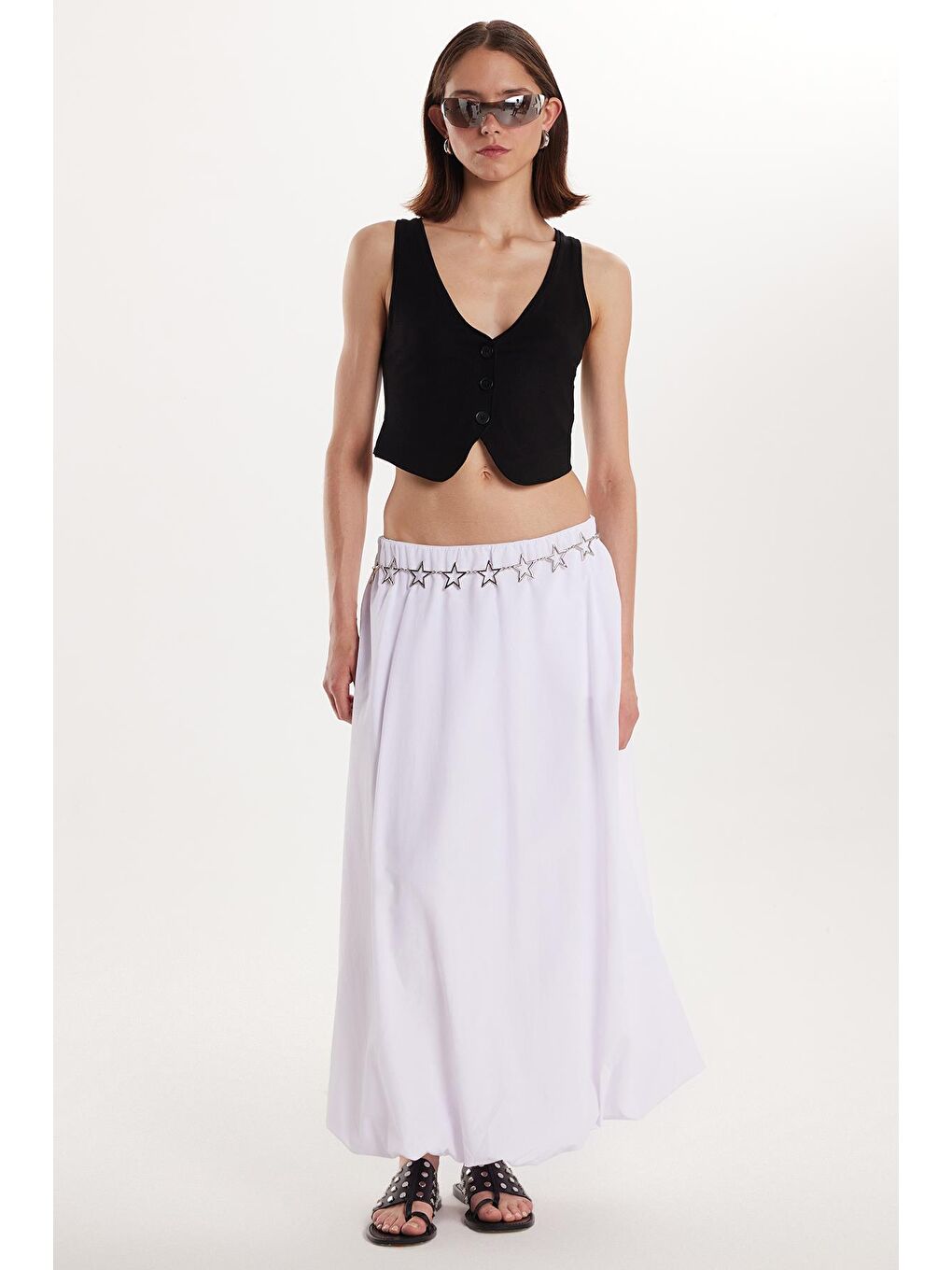 Kadın Standart Fit  Beli Lastikli Pileli Beyaz Etek-1