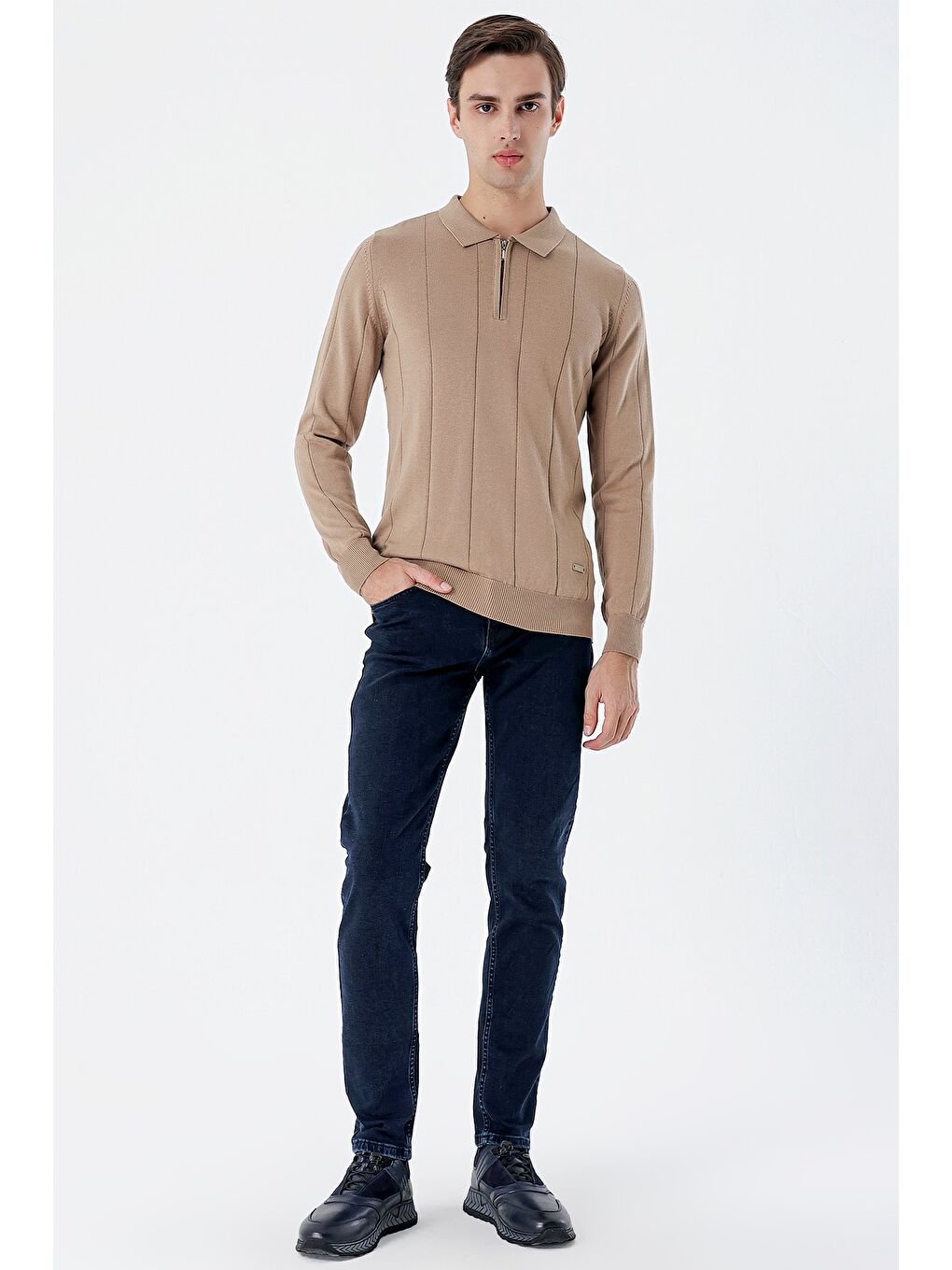 Kahverengi Koyu Camel Uzun Kollu Desenli Örme Polo Yaka Pamuklu Klasik Comfort Fit Triko 1012235165-3