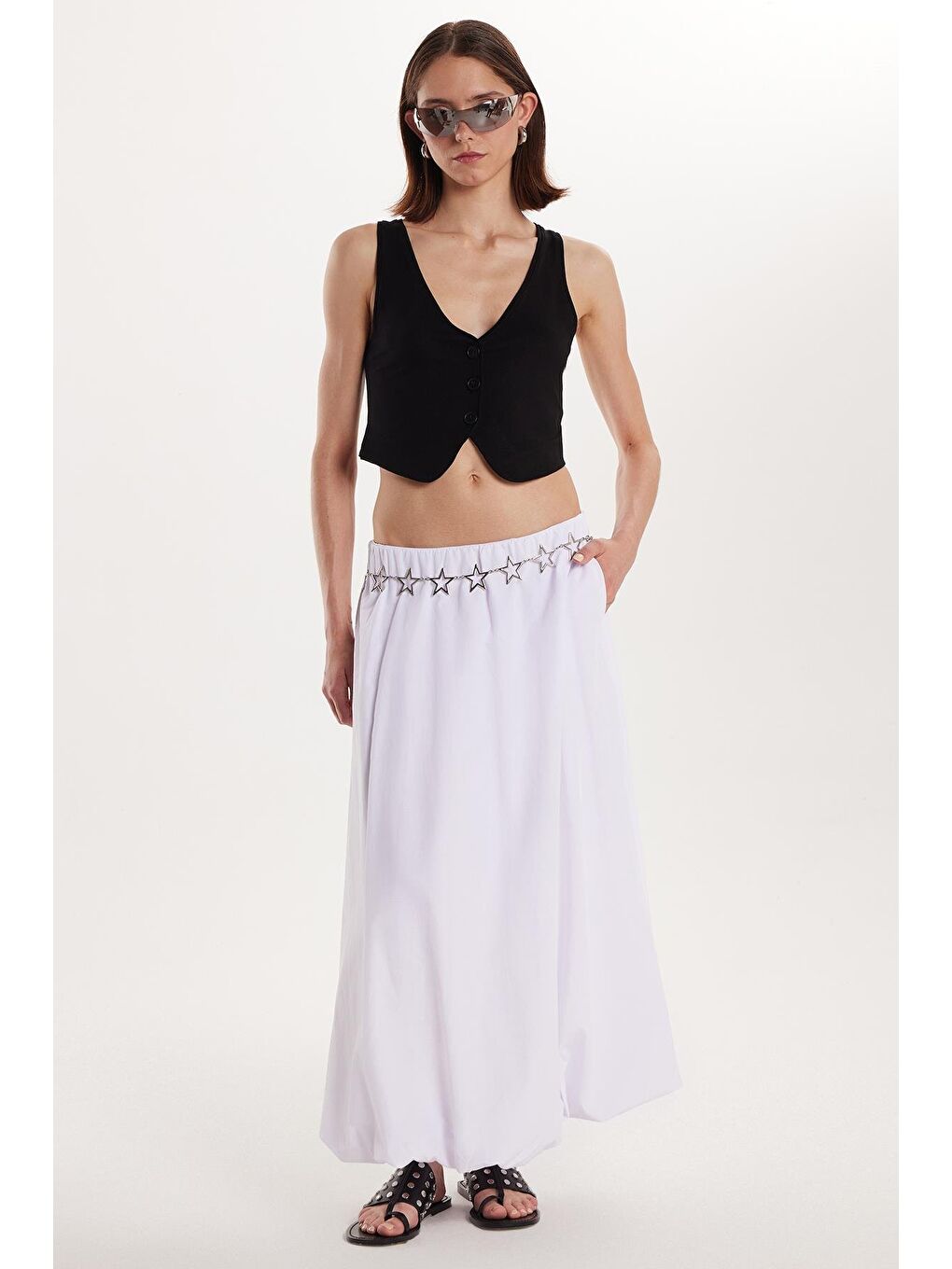 Kadın Standart Fit  Beli Lastikli Pileli Beyaz Etek-3